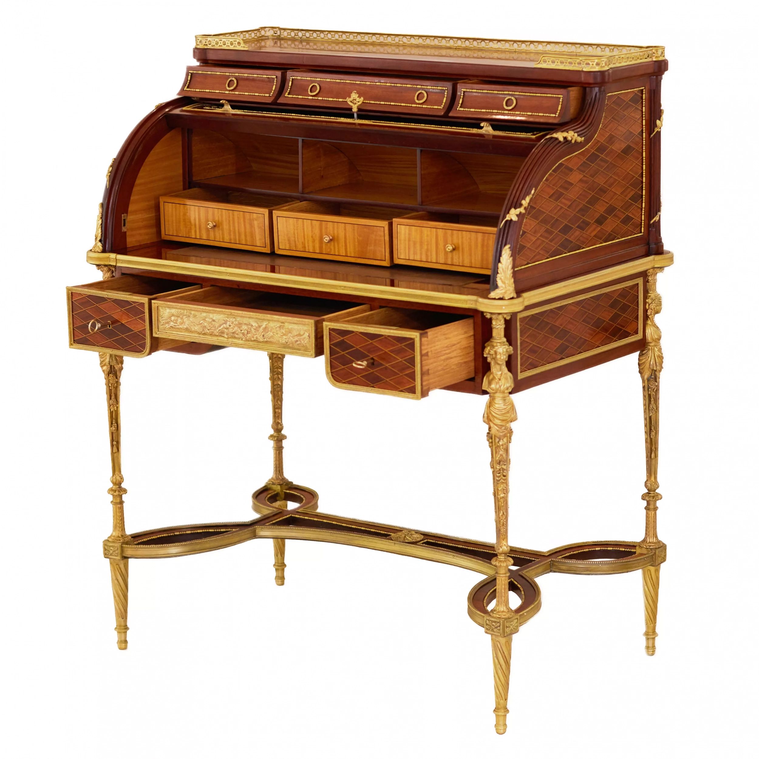 E.KAHN. A magnificent cylindrical bureau in mahogany and satin wood with gilt bronze. - Image 6 of 14