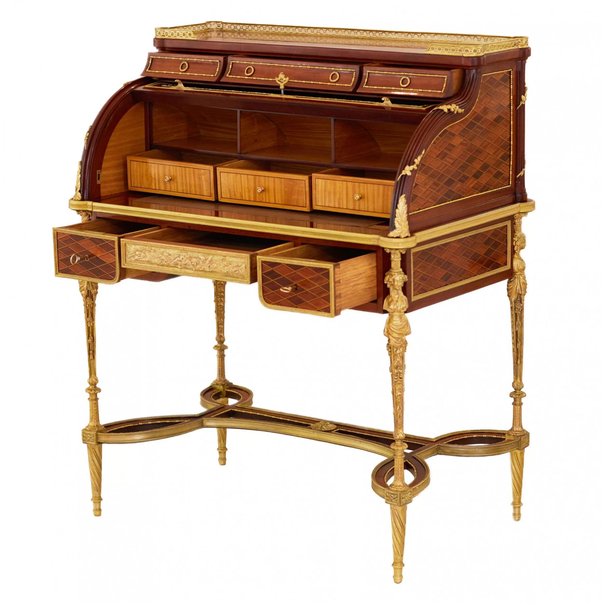 E.KAHN. A magnificent cylindrical bureau in mahogany and satin wood with gilt bronze. - Image 6 of 14