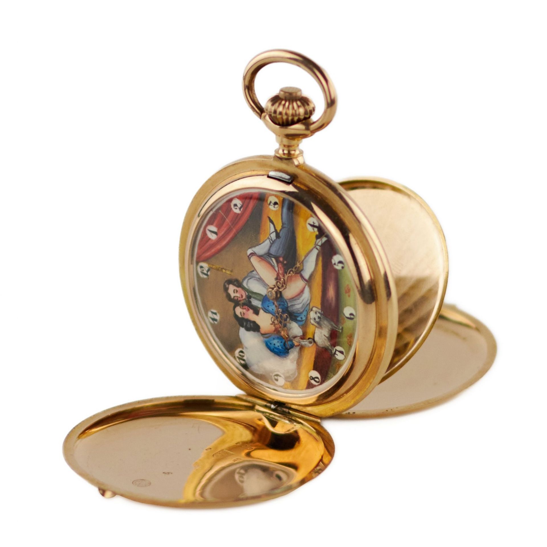 Gold, three-case, pocket watch with a chain and an erotic scene on the dial. 1900 - Image 7 of 12