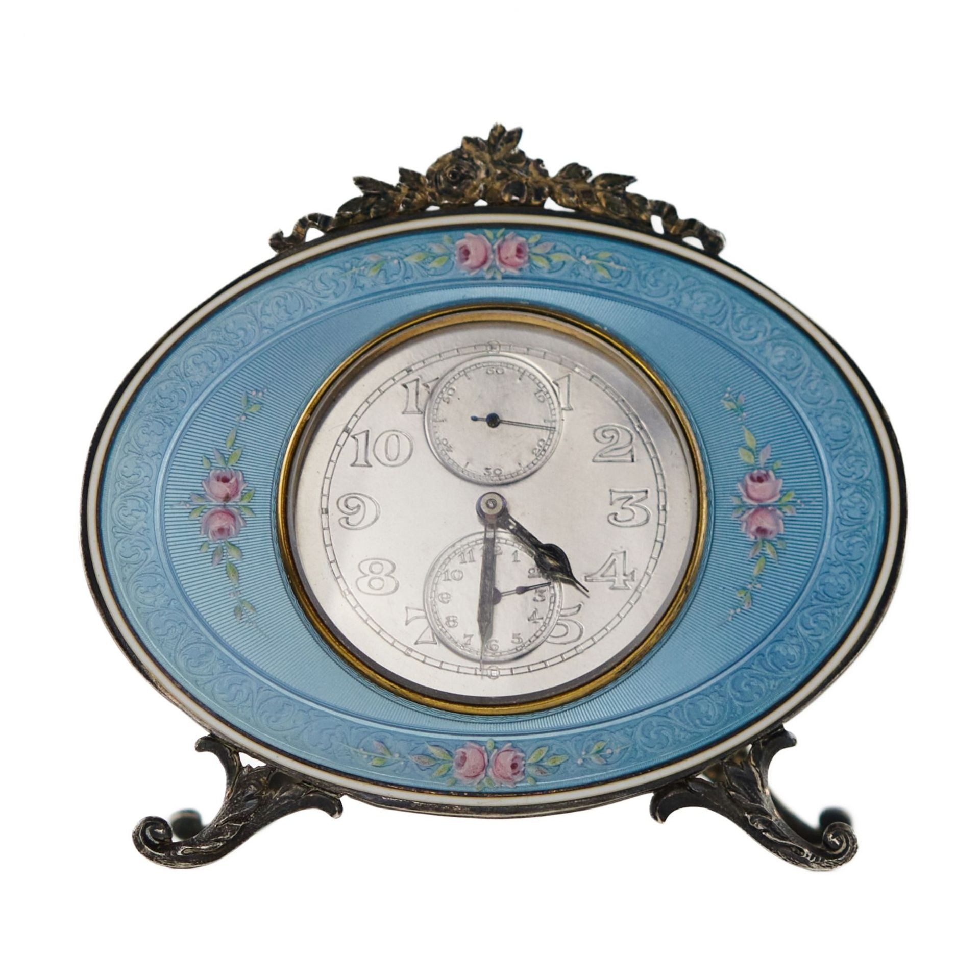 Silver alarm clock, Vacheron Constantin, with guilloche enamel. Switzerland, 1928.