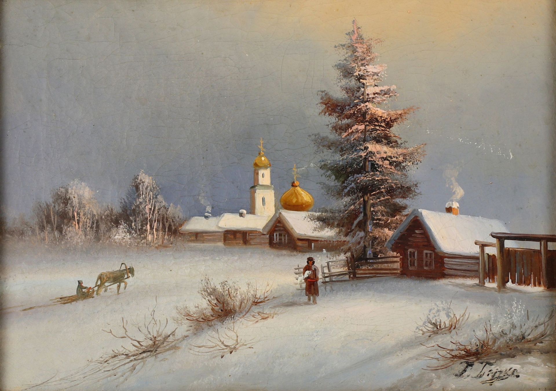 Winter landscape with a view of a Russian village. 19th century. - Bild 2 aus 4