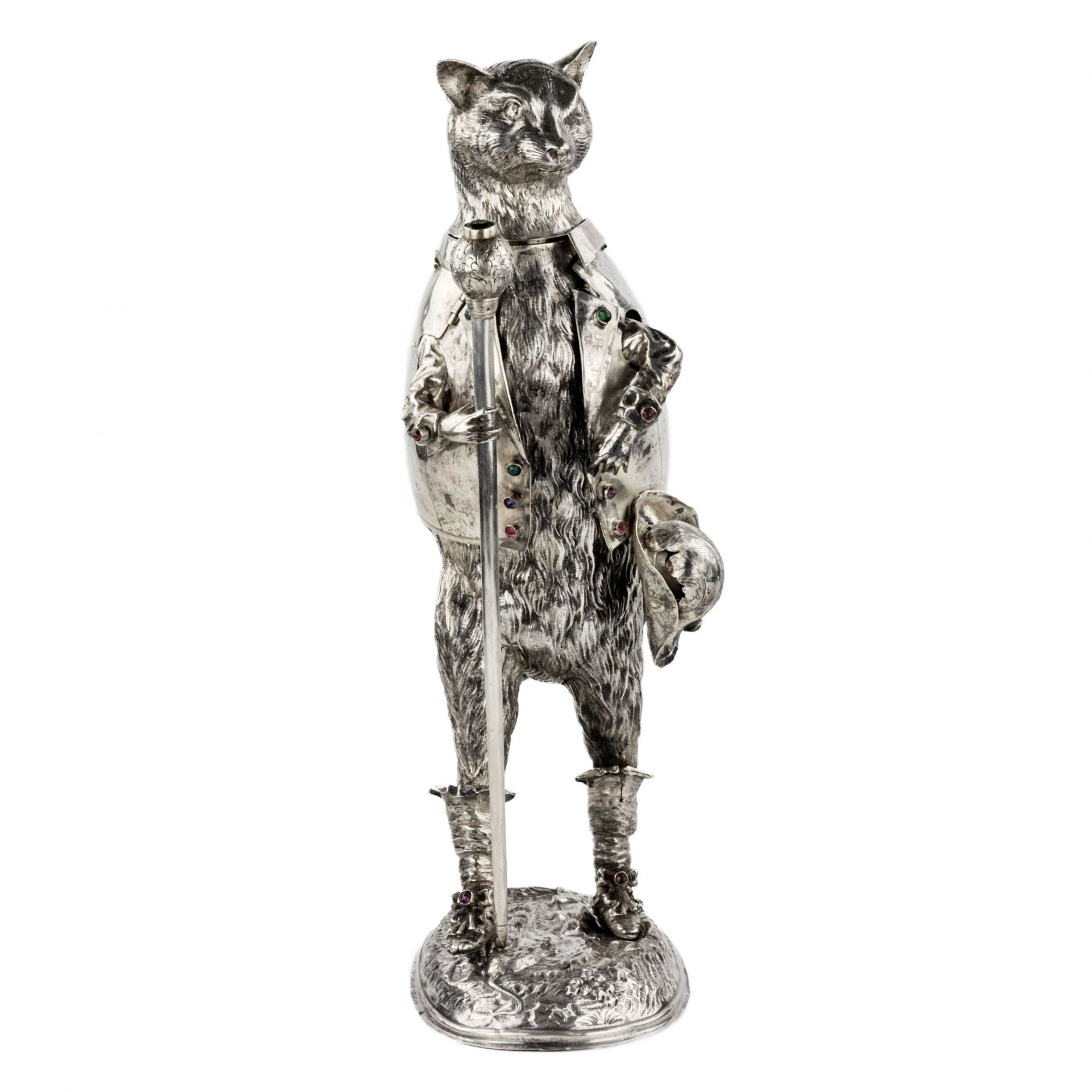 Catchy and ironic silver figure Cat in Boots. Gunther Grungessel. Hannau. 1883 - Image 2 of 11