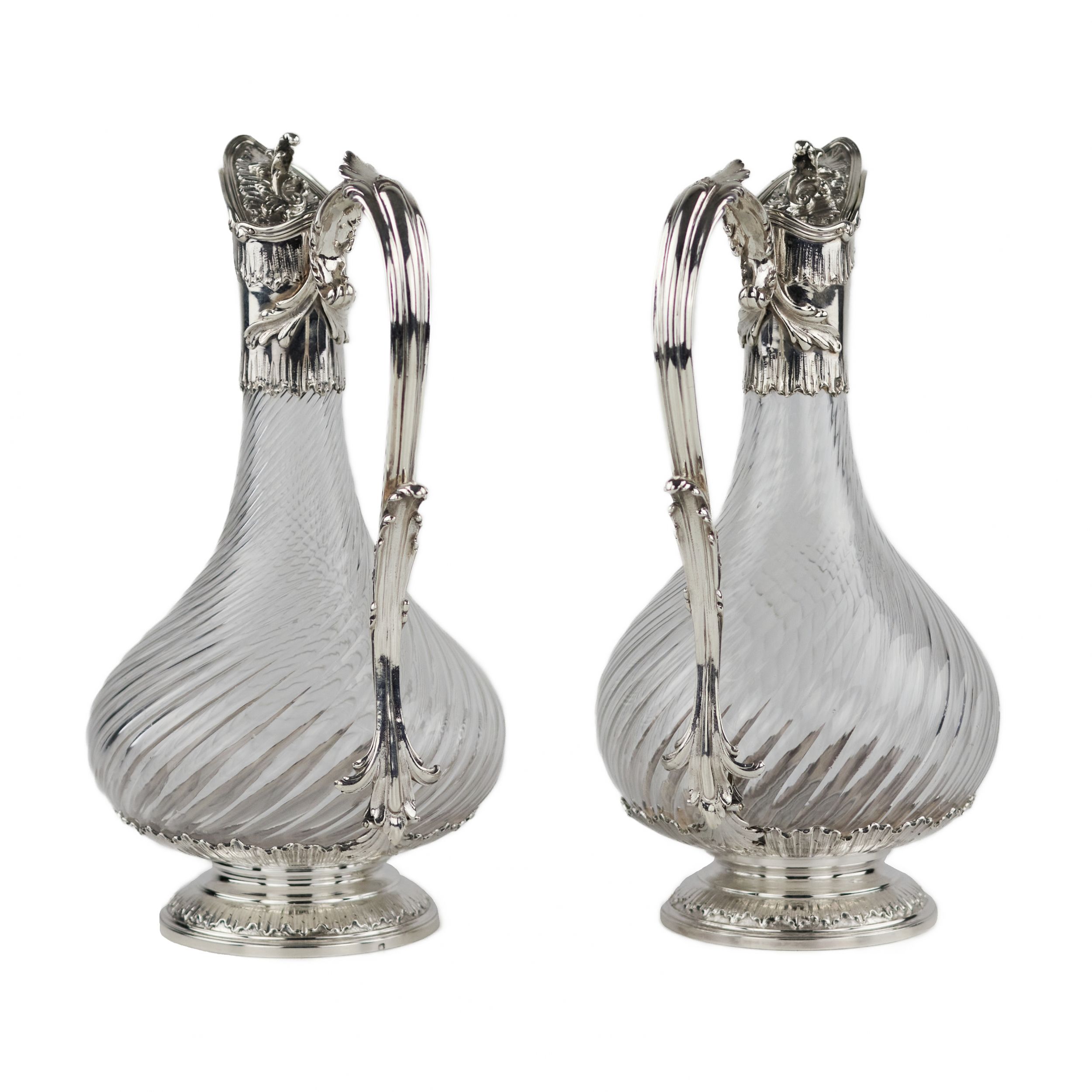 Pair of French, spiral glass wine jugs with silver. Late 19th century. - Image 2 of 6
