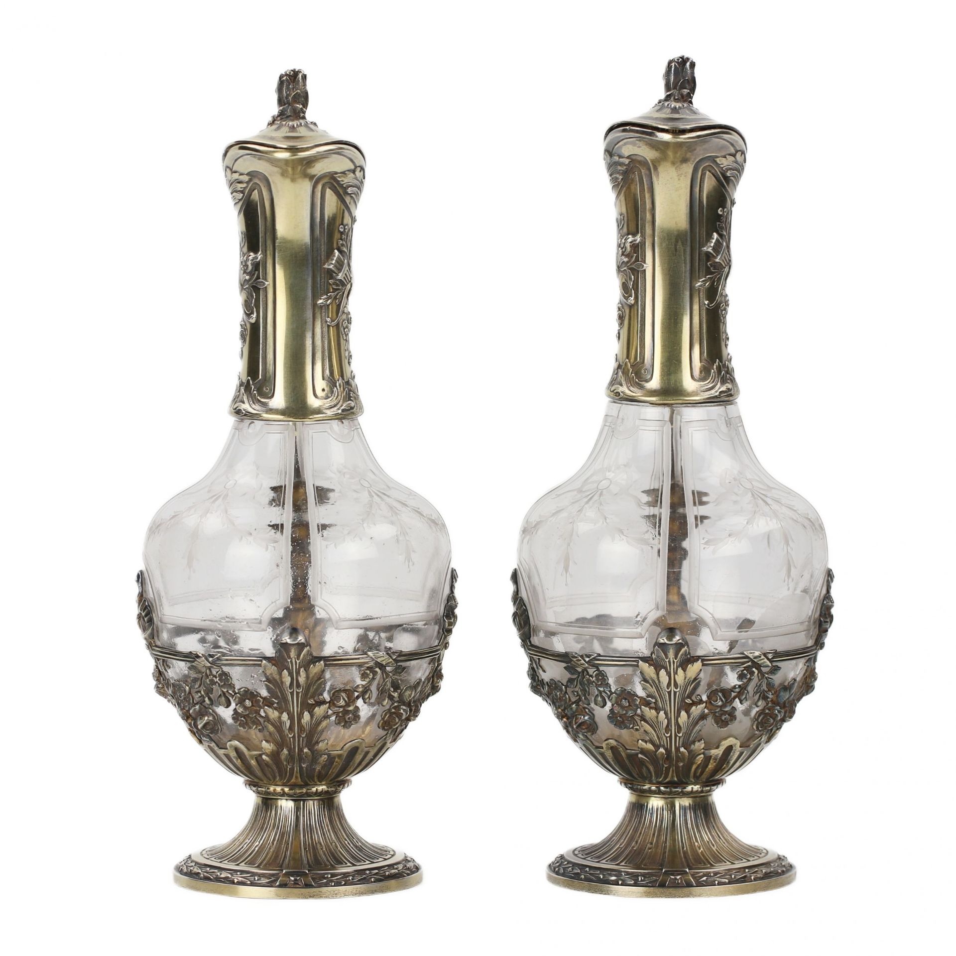 Pair of French glass wine jugs in silver from the late 19th century. - Bild 2 aus 9