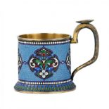 Silver glass holder in neo-Russian style with cloisonne enamel and gilding. Lyubavin. End of the 19