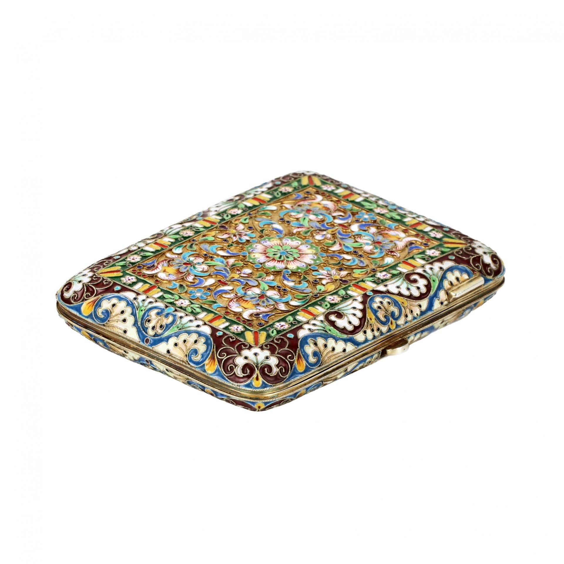 Silver cigarette case with gilding and cloisonne enamel.