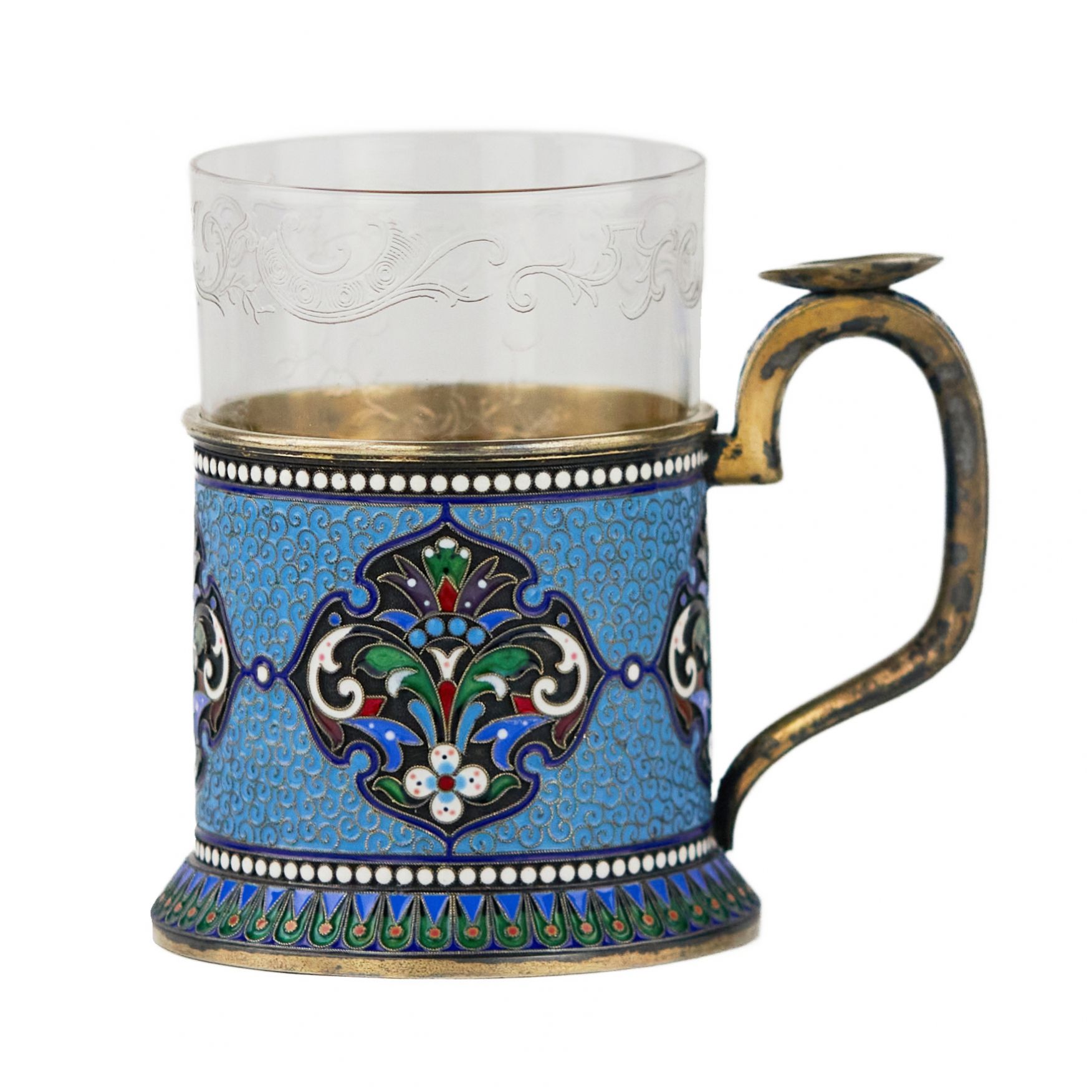 Silver glass holder in neo-Russian style with cloisonne enamel and gilding. Lyubavin. End of the 19 - Image 2 of 9