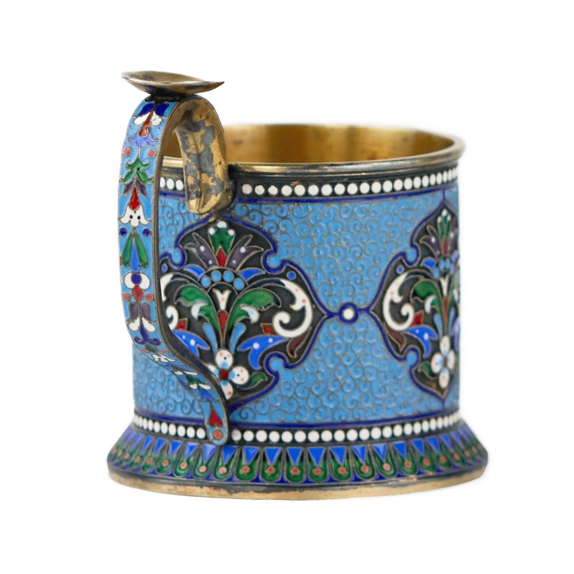 Silver glass holder in neo-Russian style with cloisonne enamel and gilding. Lyubavin. End of the 19 - Bild 3 aus 9