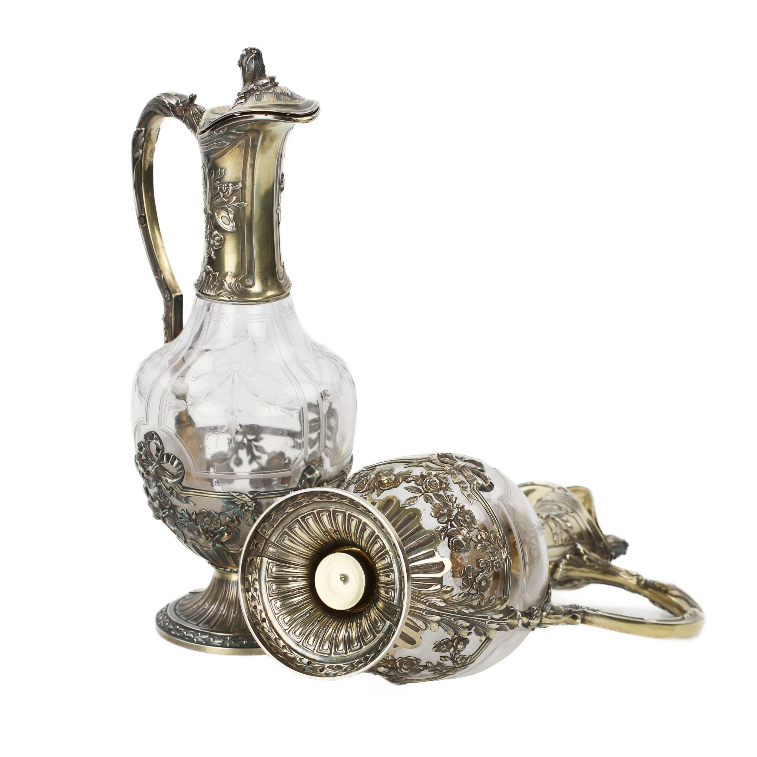 Pair of French glass wine jugs in silver from the late 19th century. - Image 7 of 9