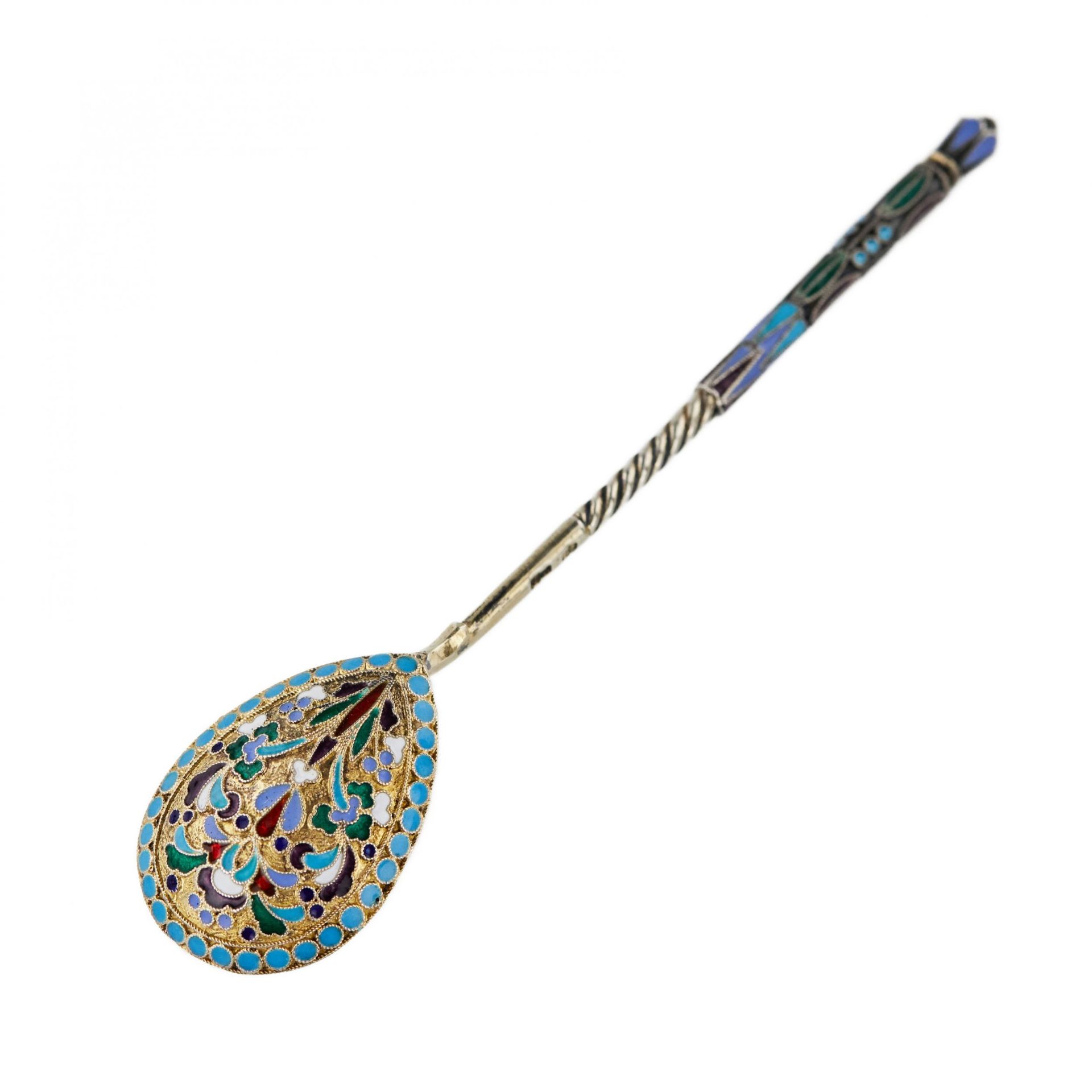 Silver glass holder with a spoon decorated with cloisonne enamel. Moscow 1908-1917. - Bild 10 aus 12
