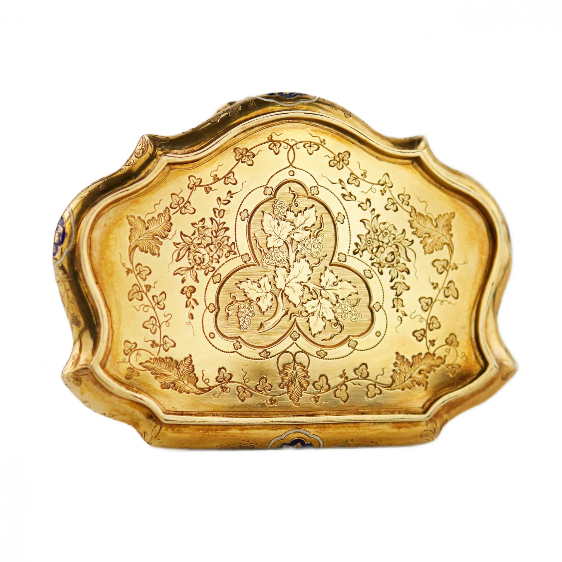 Gold snuff box with engraved ornament and blue enamel. 20th century. - Bild 8 aus 10
