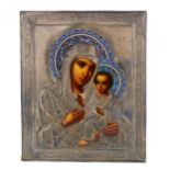 Icon of the Tikhvin Most Holy Theotokos in a silver frame and with cloisonne enamel. 1899-1908