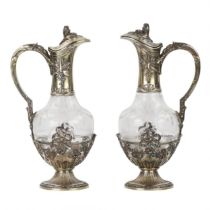 Pair of French glass wine jugs in silver from the late 19th century.
