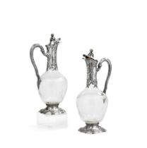 Pair of French glass wine jugs in silver. 19th century.