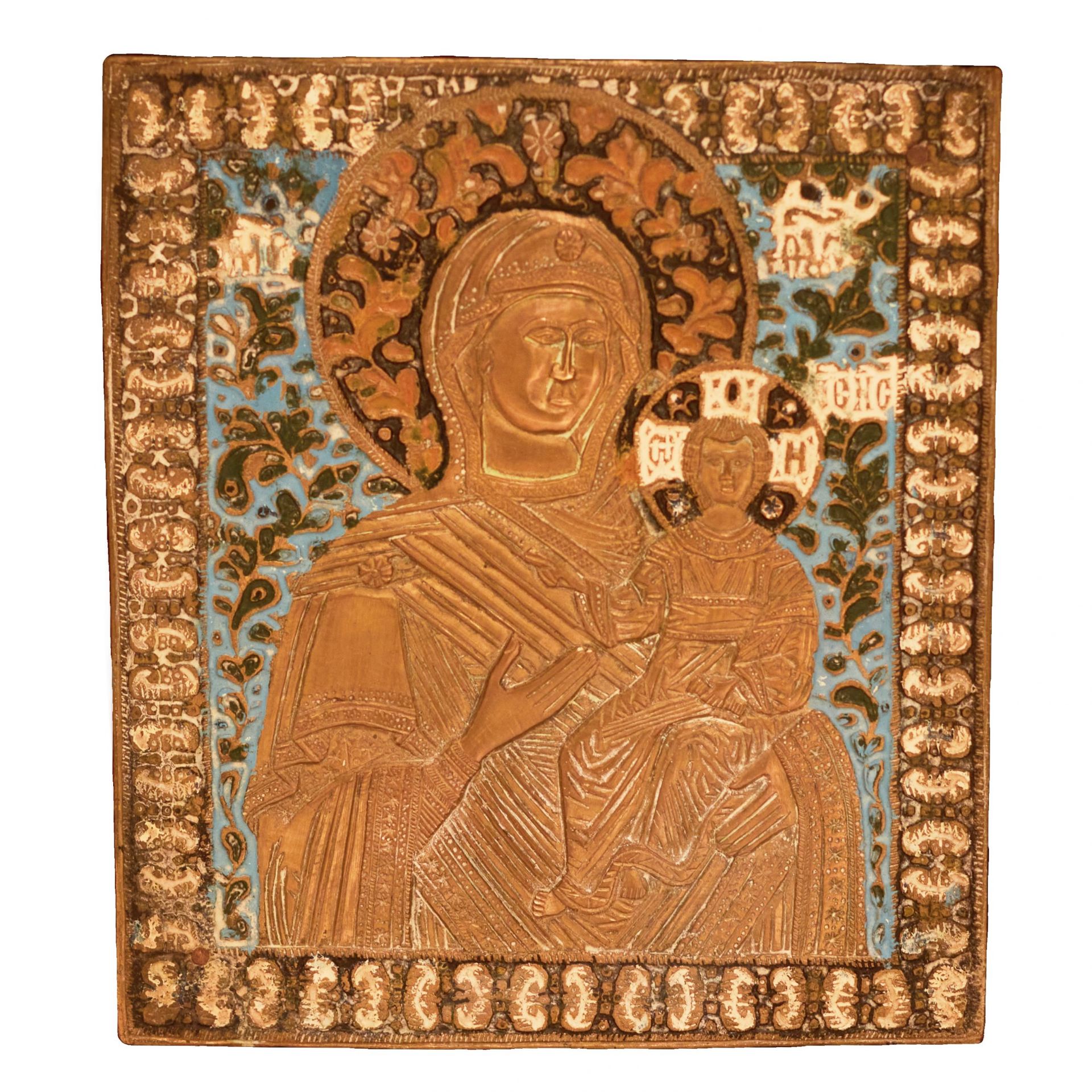 Large, copper-cast icon of the Smolensk Mother of God, with five enamels, in an icon case. Russia. 1 - Bild 2 aus 4