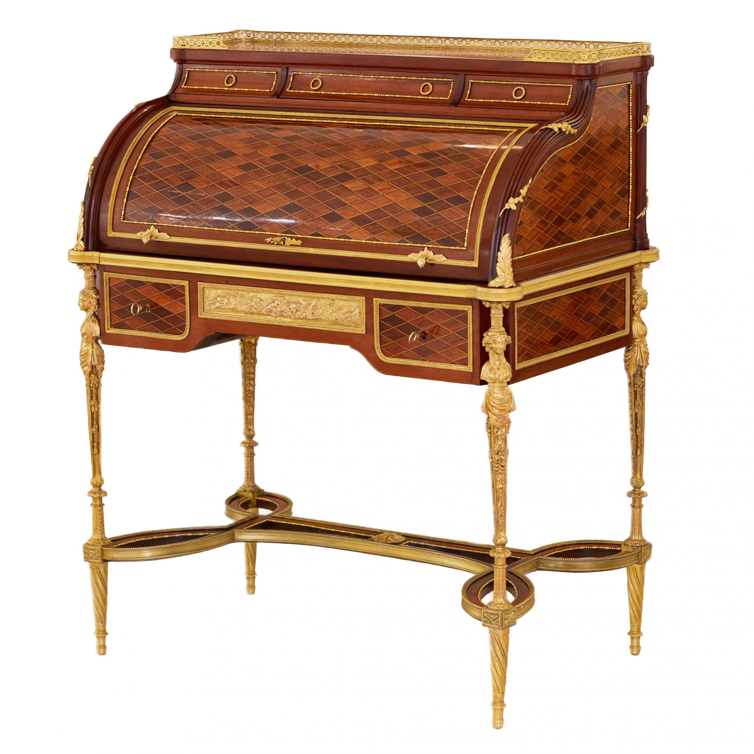 E.KAHN. A magnificent cylindrical bureau in mahogany and satin wood with gilt bronze. - Image 2 of 14