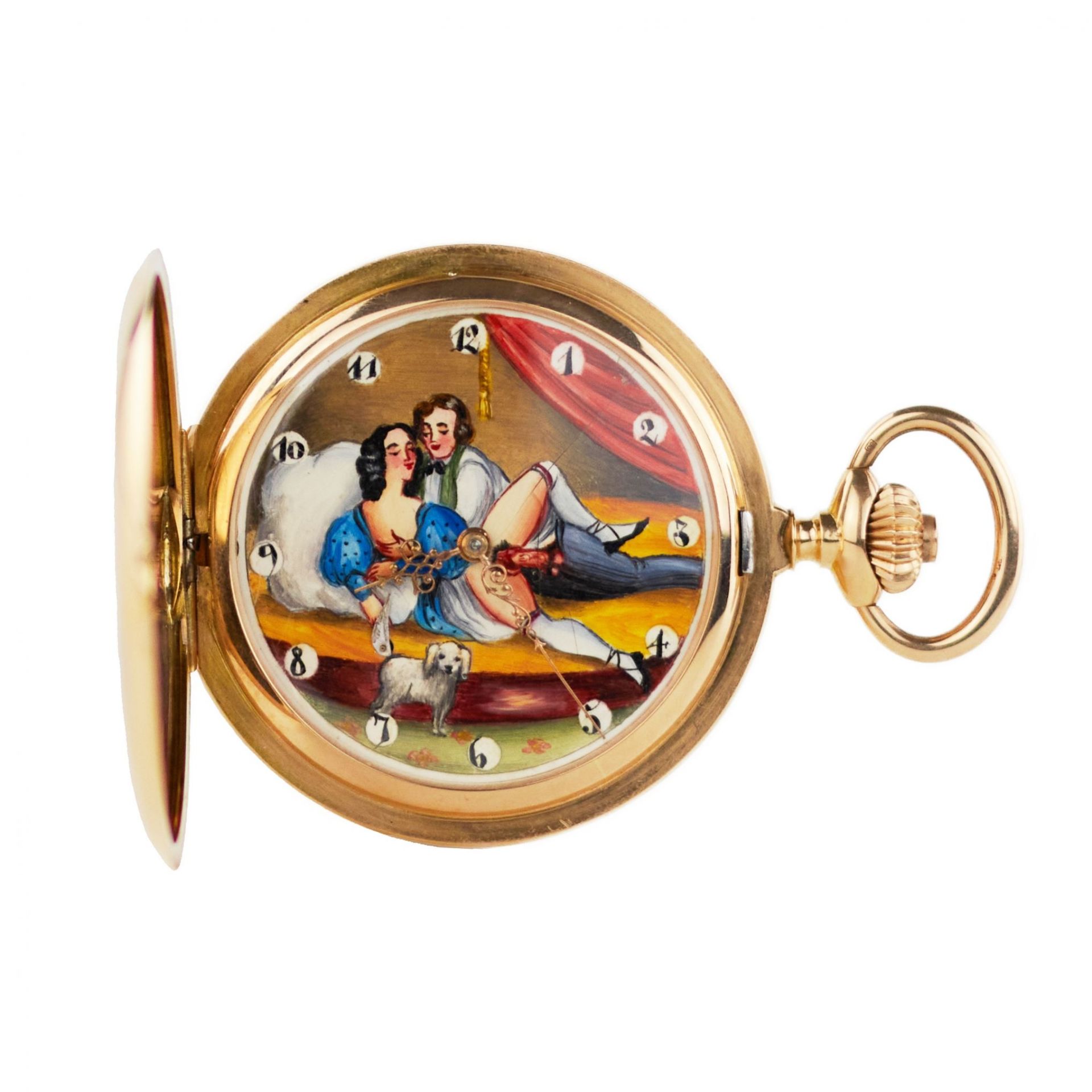 Gold, three-case, pocket watch with a chain and an erotic scene on the dial. 1900 - Image 2 of 12