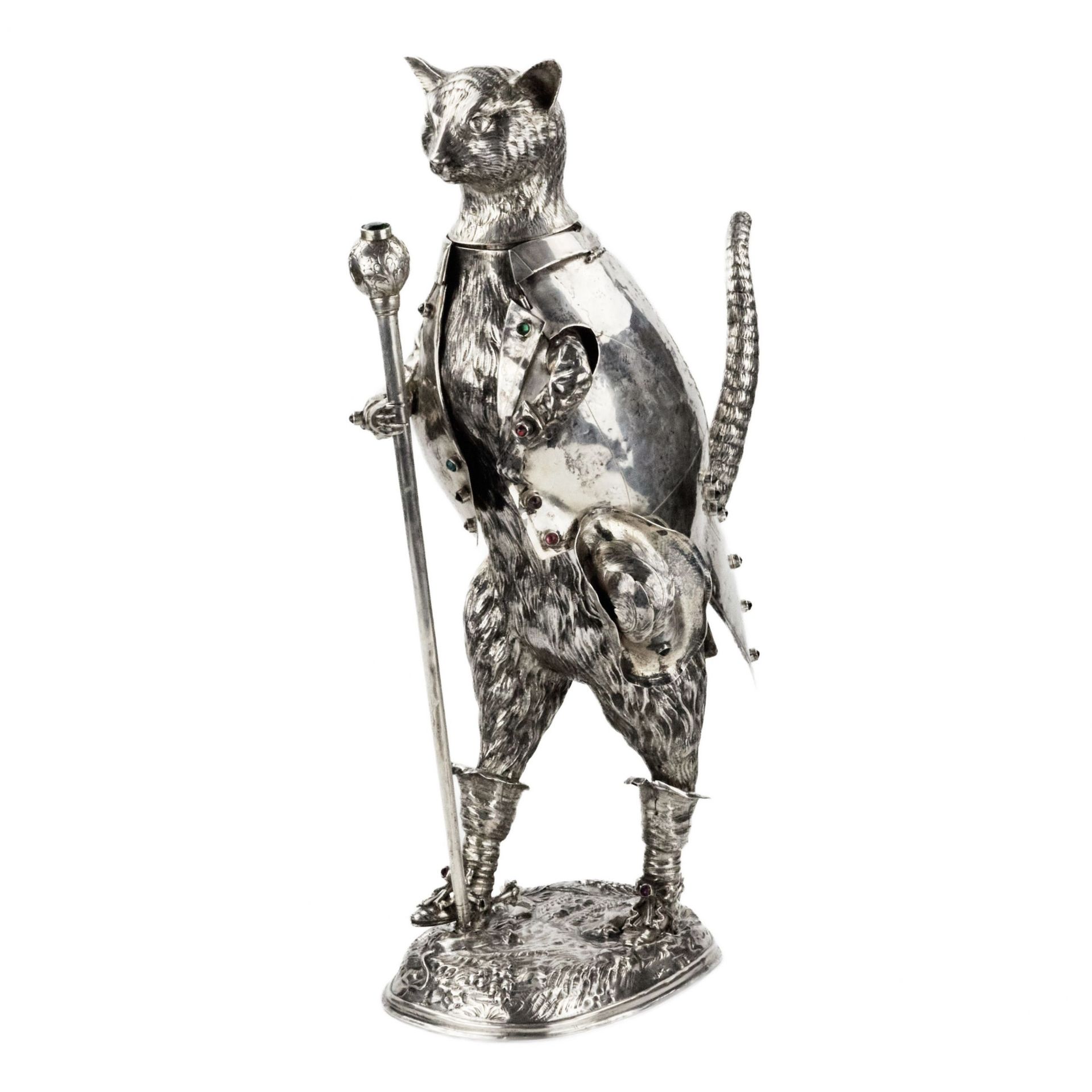 Catchy and ironic silver figure Cat in Boots. Gunther Grungessel. Hannau. 1883