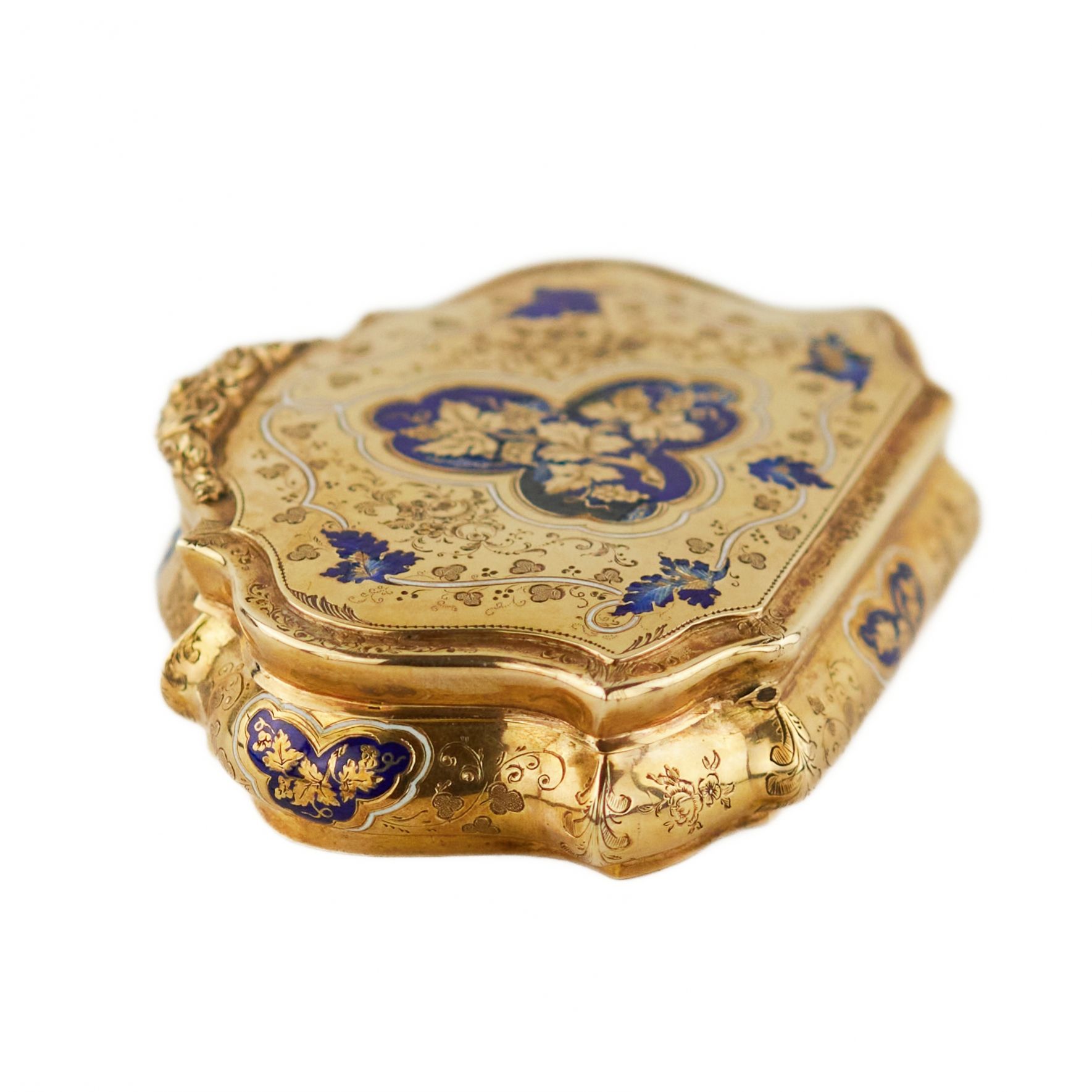 Gold snuff box with engraved ornament and blue enamel. 20th century. - Image 3 of 10