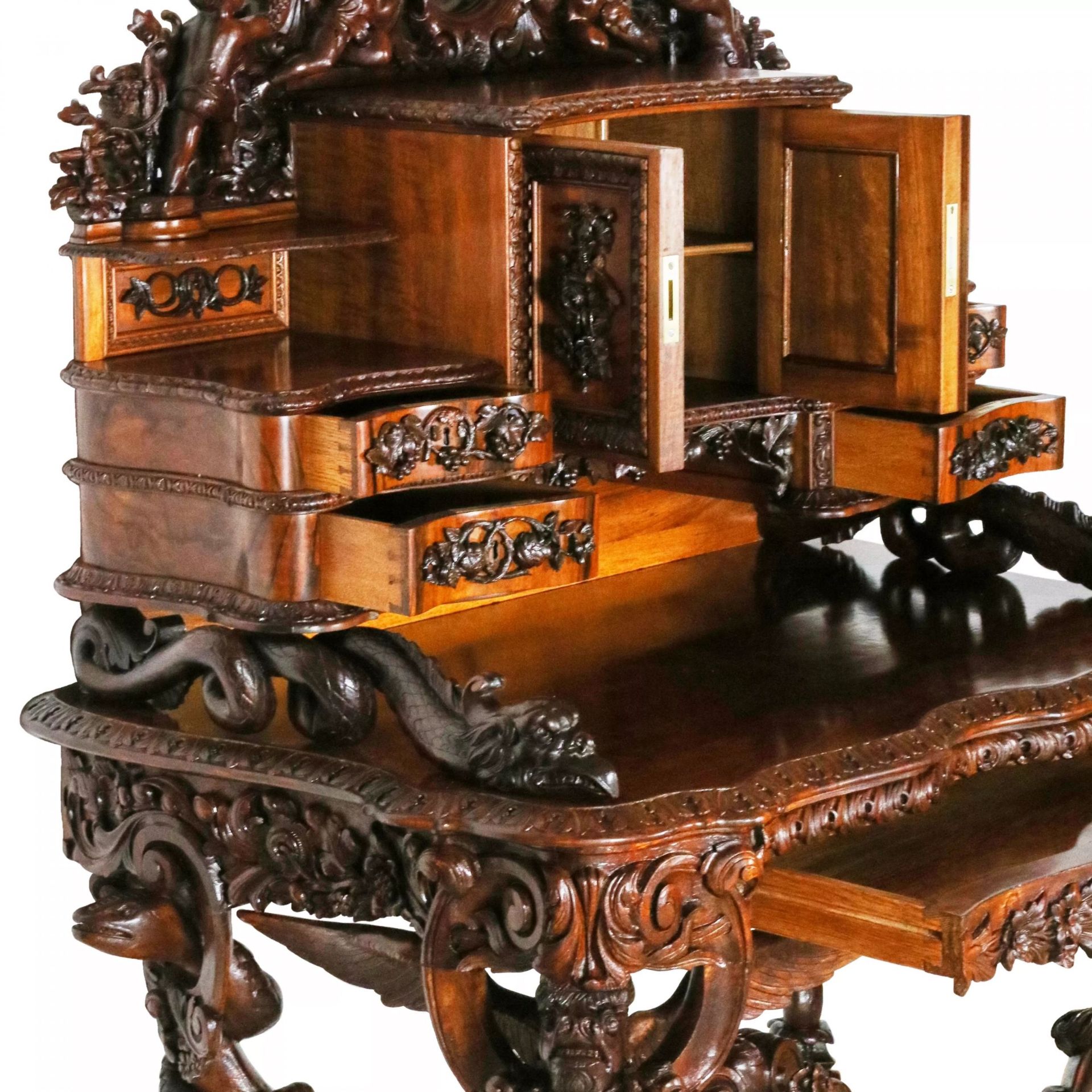 Magnificent carved bureau table in the Baroque neo-Gothic style. France 19th century. - Bild 5 aus 8