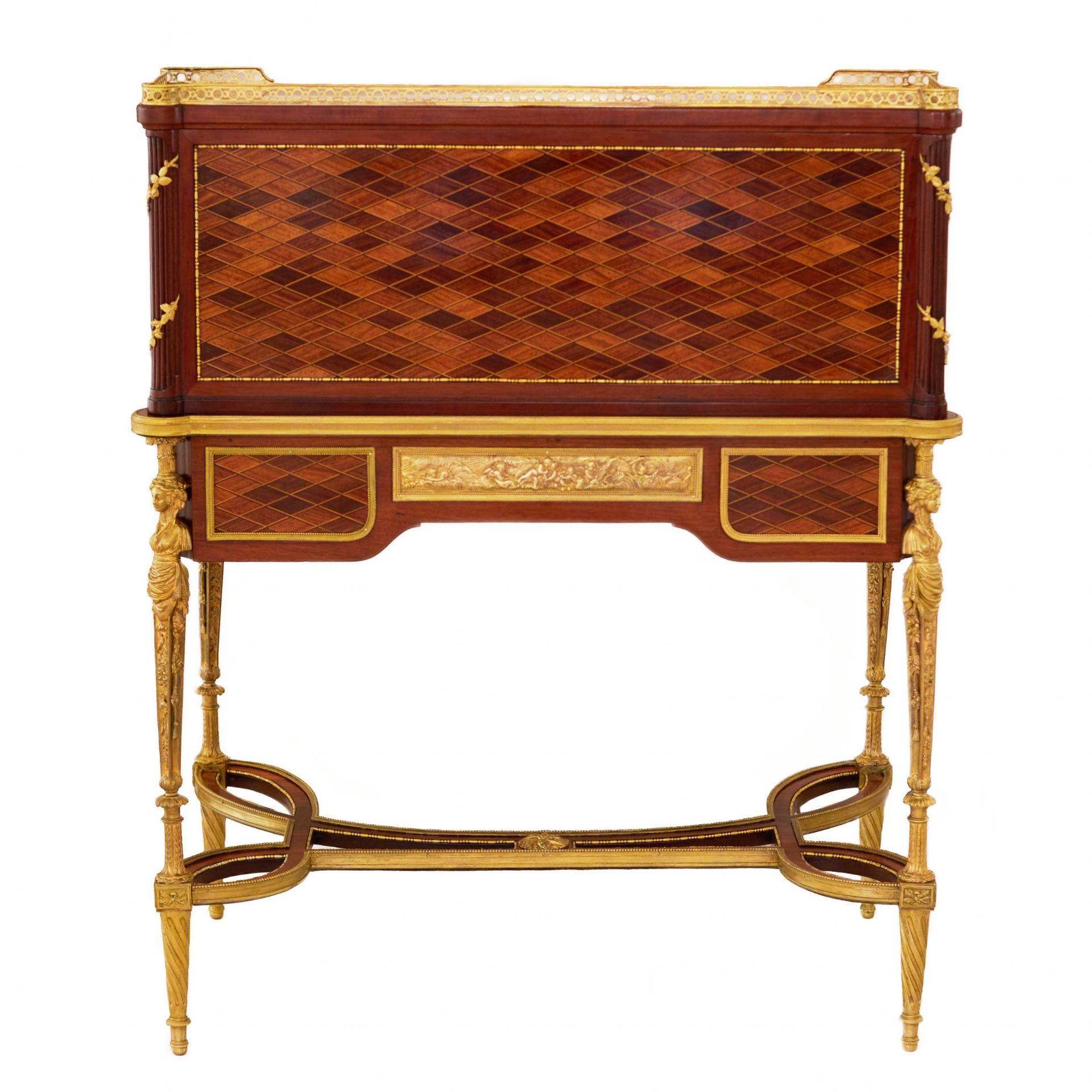 E.KAHN. A magnificent cylindrical bureau in mahogany and satin wood with gilt bronze. - Image 9 of 14