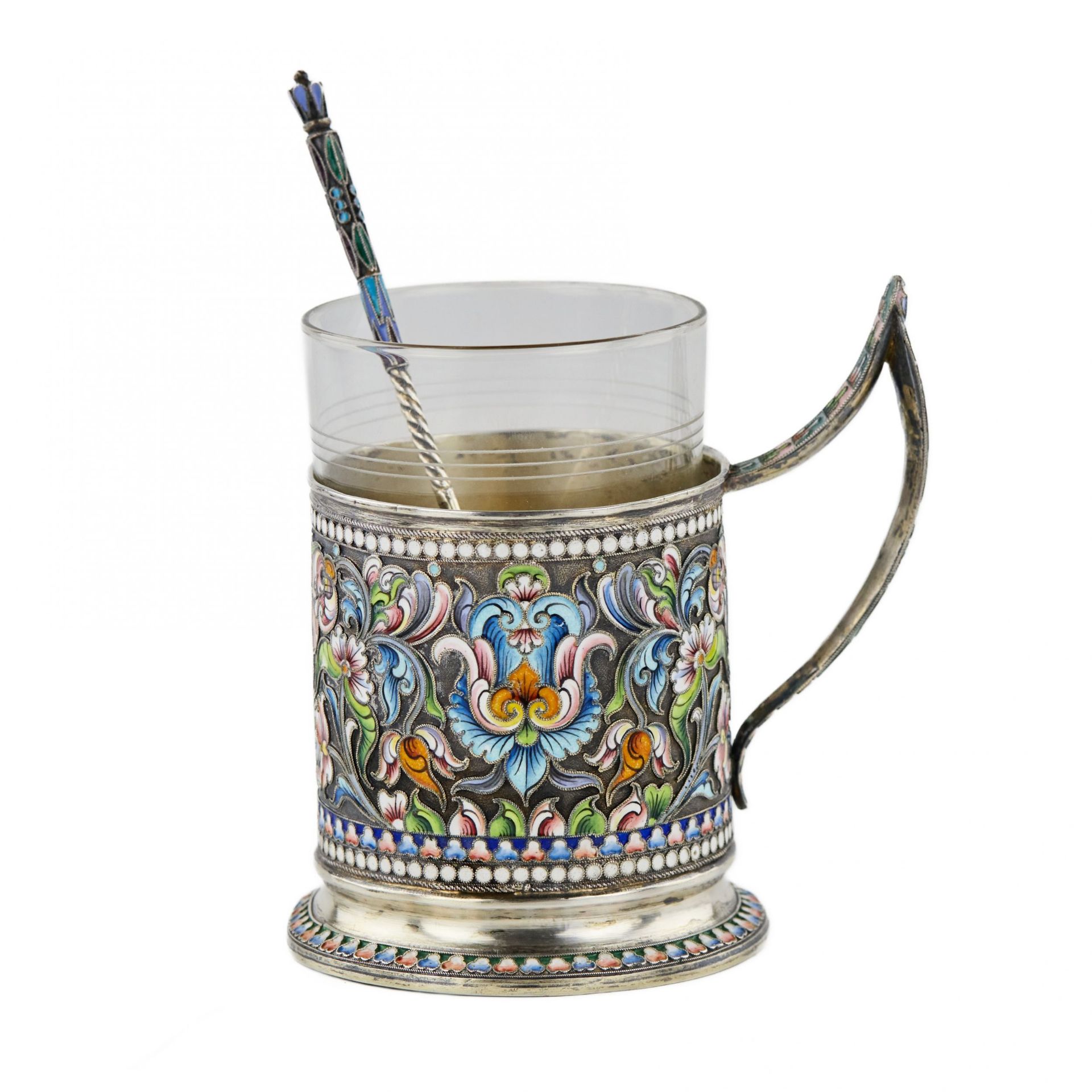 Silver glass holder with a spoon decorated with cloisonne enamel. Moscow 1908-1917. - Image 3 of 12