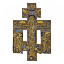 Bronze cross Crucifixion with three enamels. Russia. 19th century.