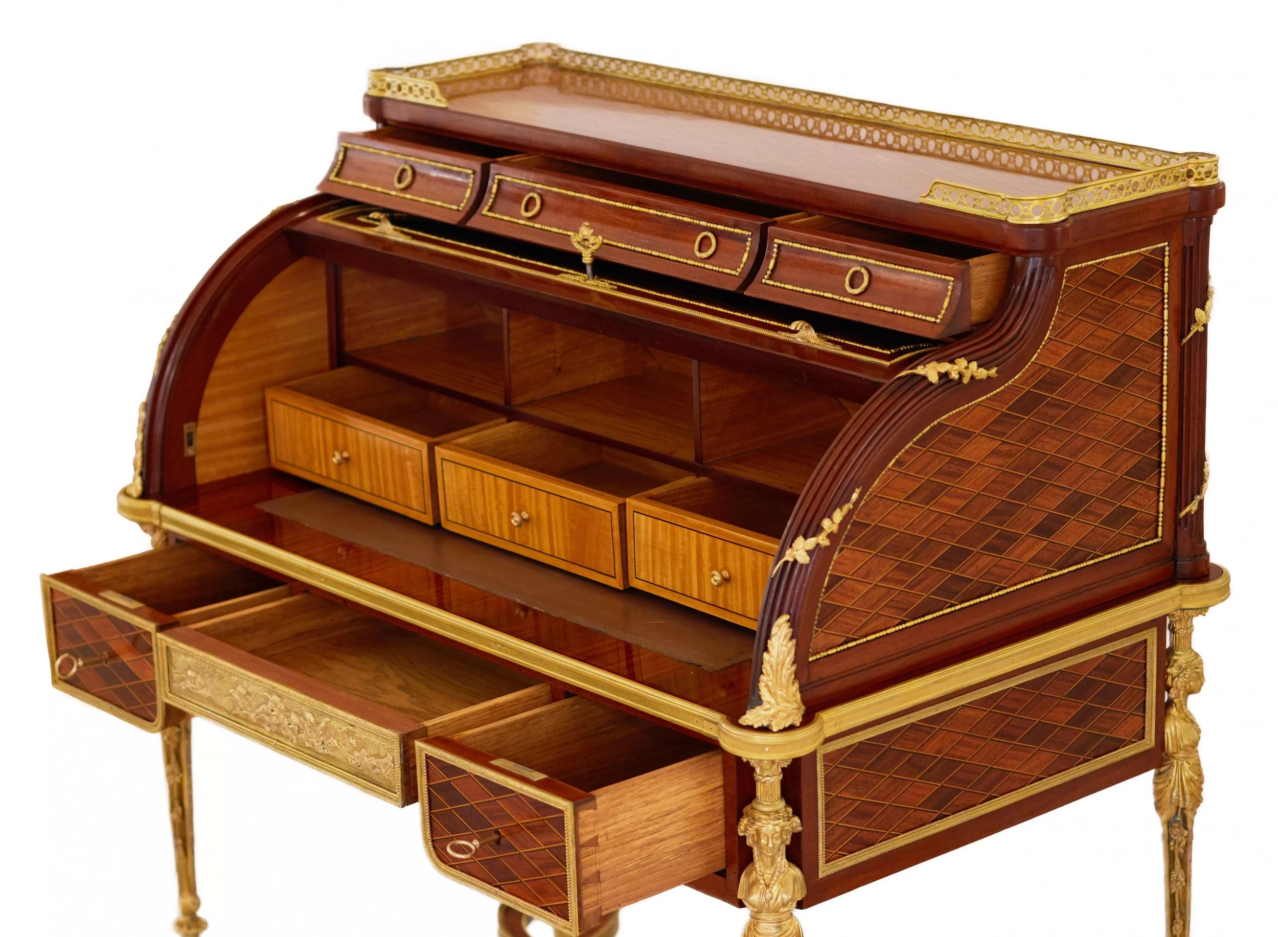E.KAHN. A magnificent cylindrical bureau in mahogany and satin wood with gilt bronze. - Image 7 of 14