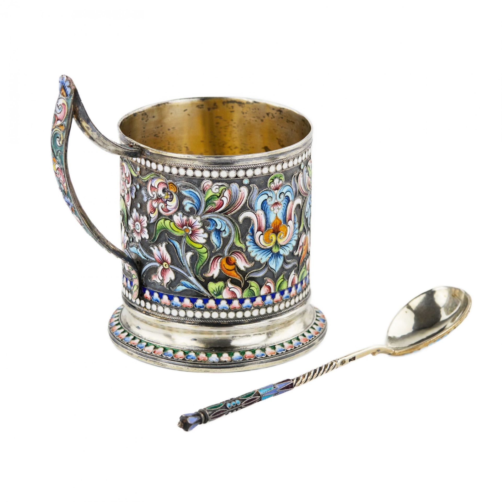 Silver glass holder with a spoon decorated with cloisonne enamel. Moscow 1908-1917. - Bild 5 aus 12