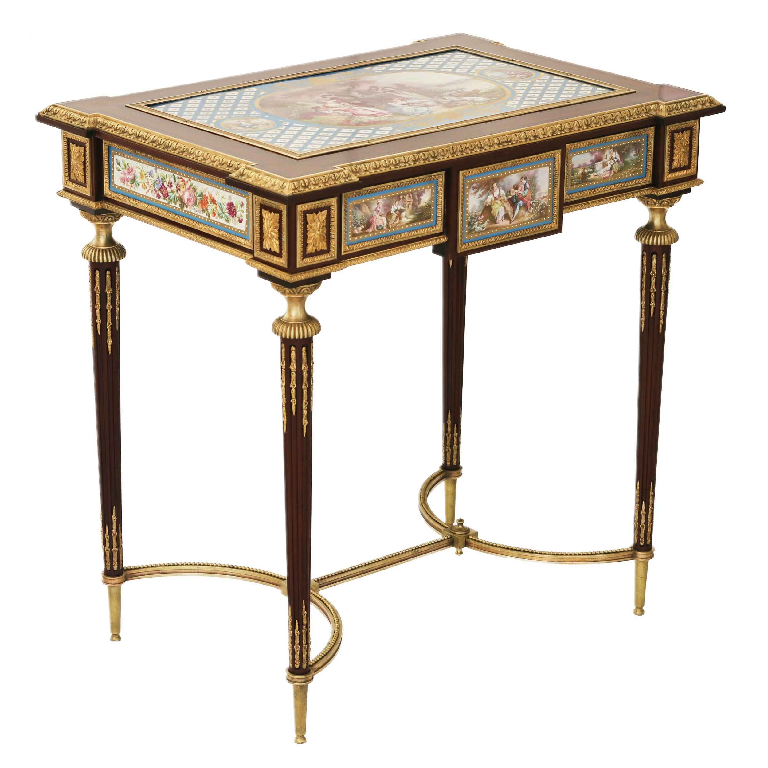 A magnificent ladies table with gilded bronze decor and porcelain panels in the style of Adam Weiswe