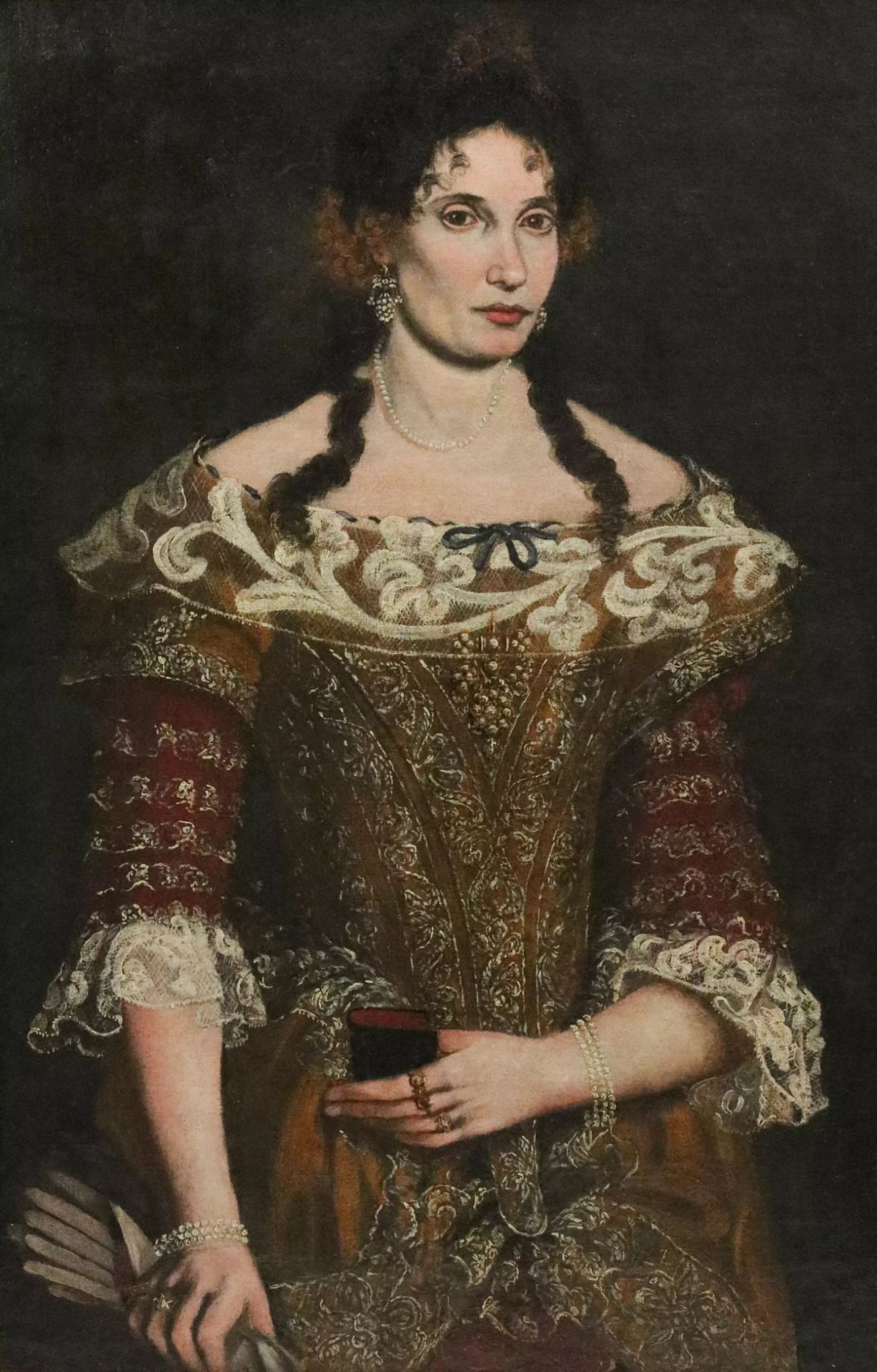 Portrait of a noble lady in a cherry dress with gloves and a prayer book. The turn of the 16th-17th - Image 2 of 3