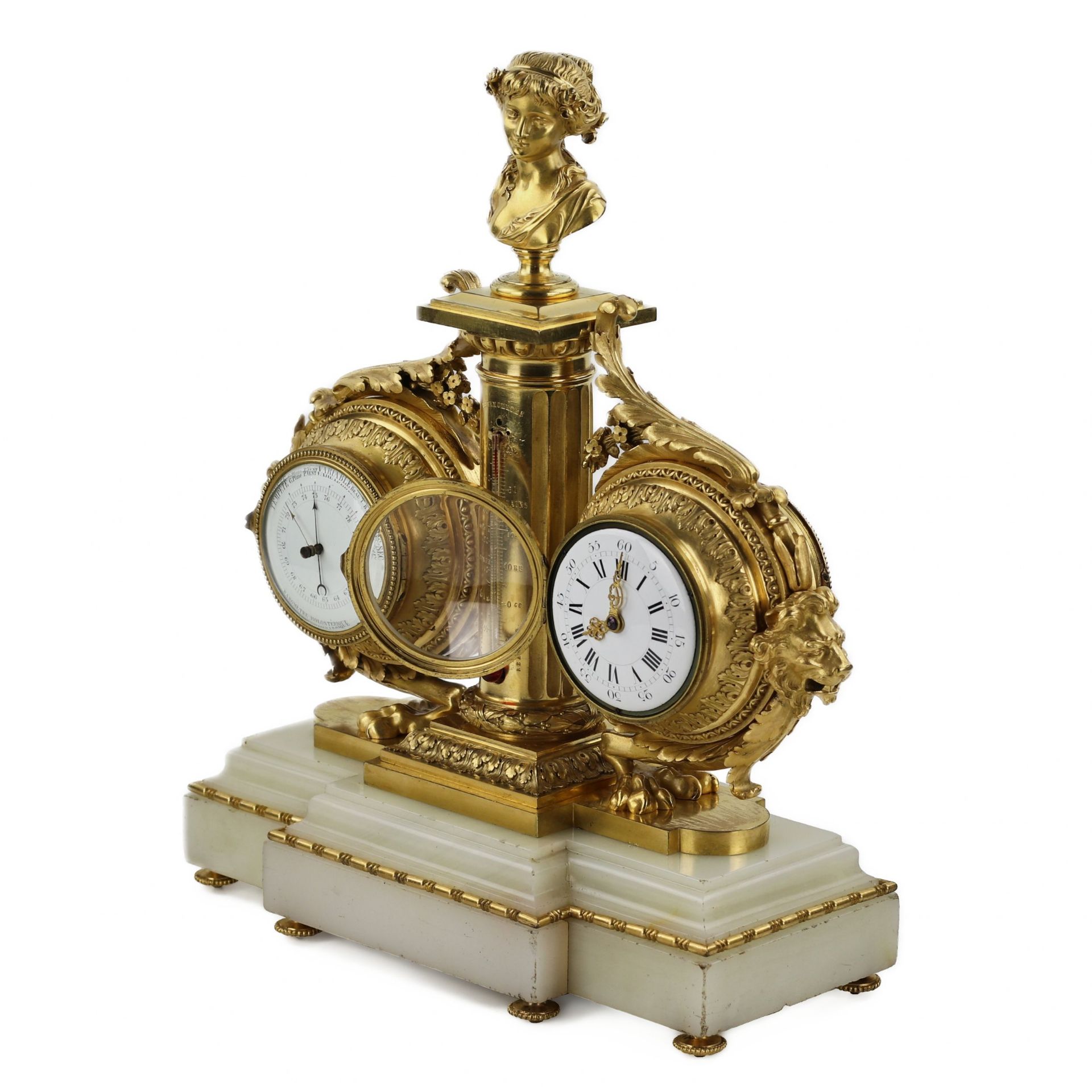 Tabletop instrument in white marble, gilded bronze: with clock, thermometer and barometer. 19th cent - Bild 6 aus 7