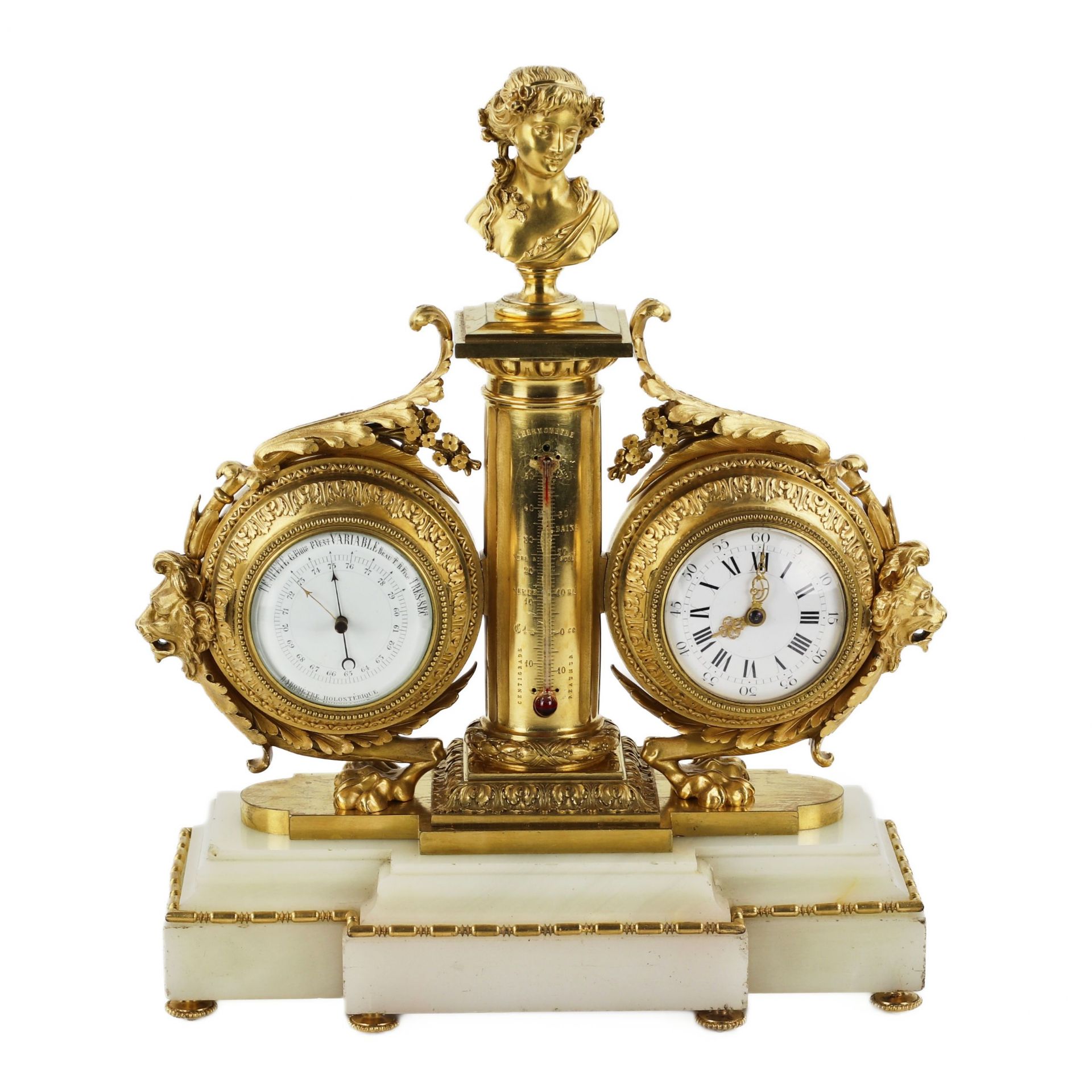 Tabletop instrument in white marble, gilded bronze: with clock, thermometer and barometer. 19th cent