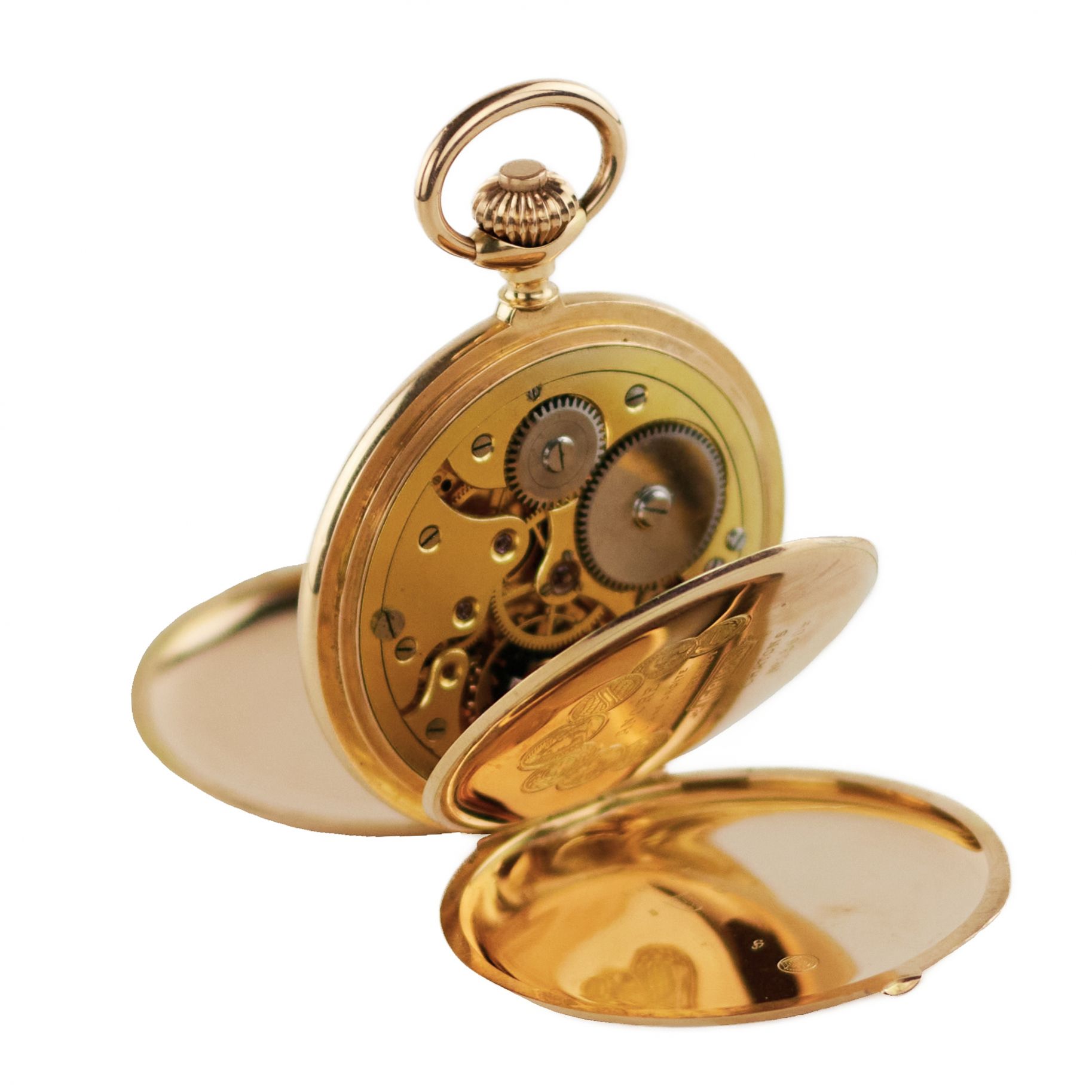 Gold, three-case, pocket watch with a chain and an erotic scene on the dial. 1900 - Image 6 of 12