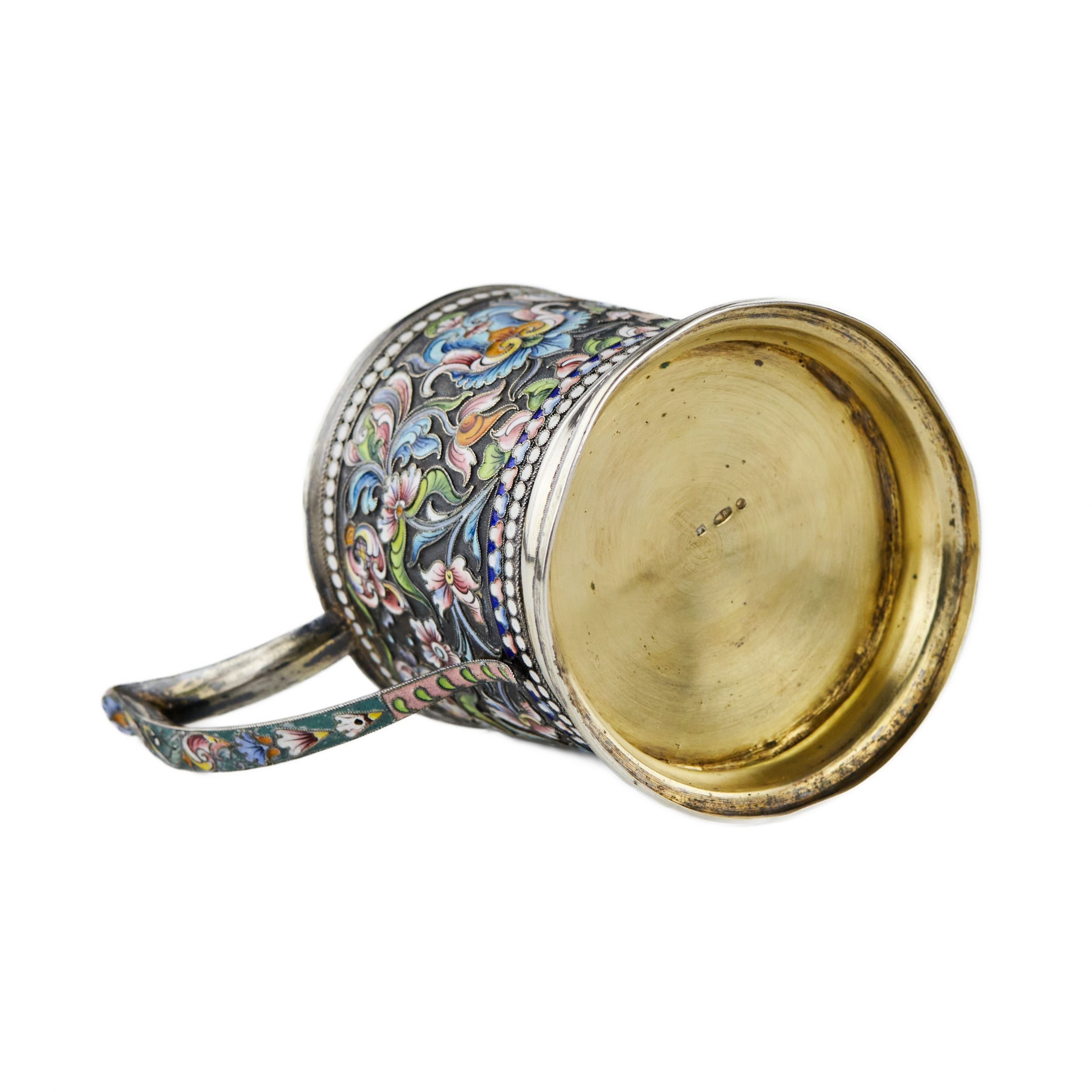 Silver glass holder with a spoon decorated with cloisonne enamel. Moscow 1908-1917. - Image 8 of 12