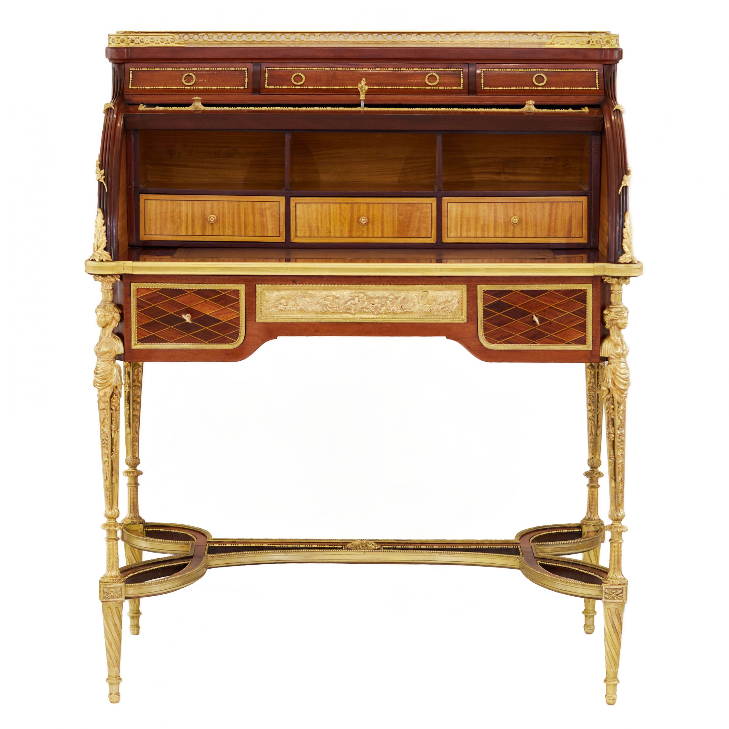 E.KAHN. A magnificent cylindrical bureau in mahogany and satin wood with gilt bronze. - Image 4 of 14
