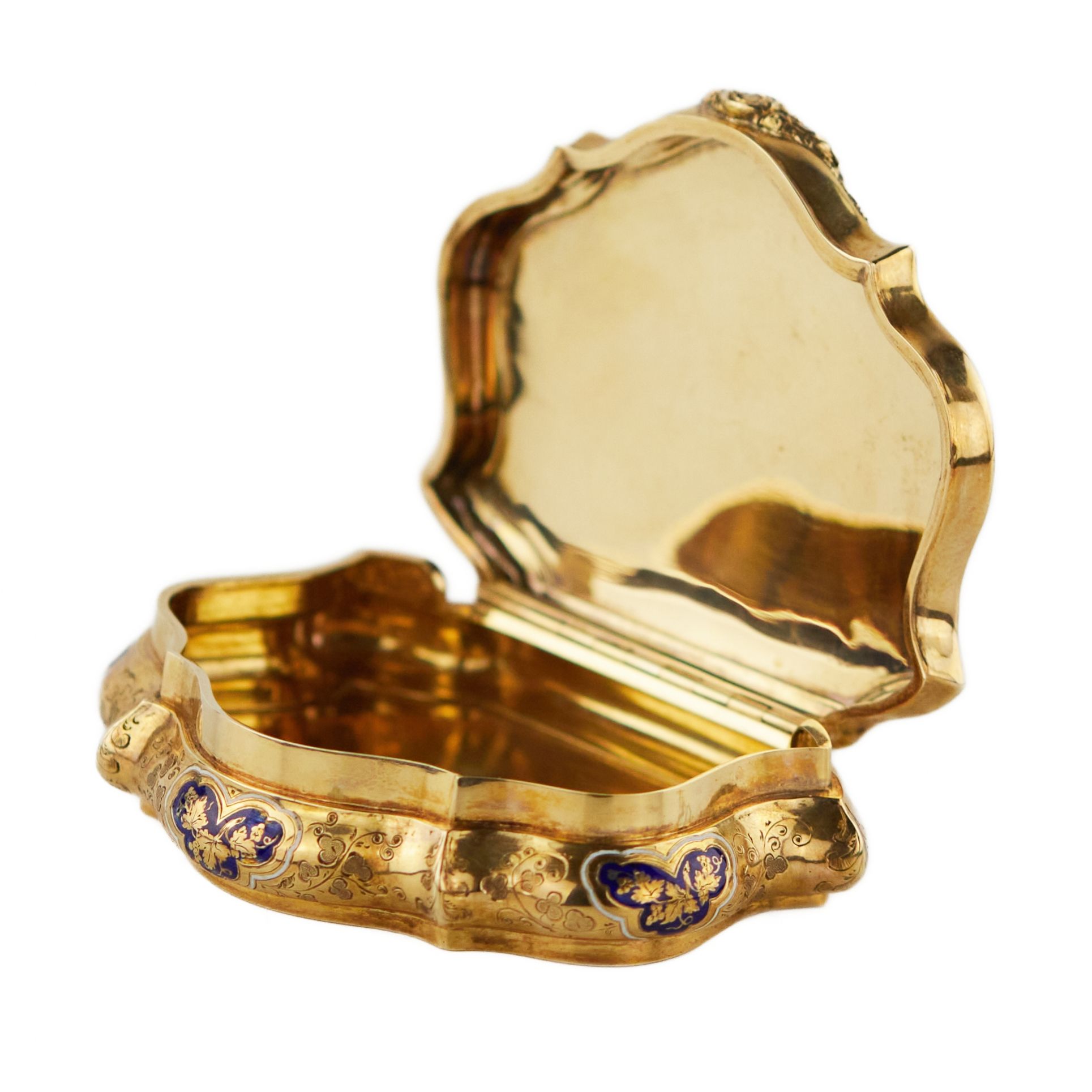 Gold snuff box with engraved ornament and blue enamel. 20th century. - Image 7 of 10