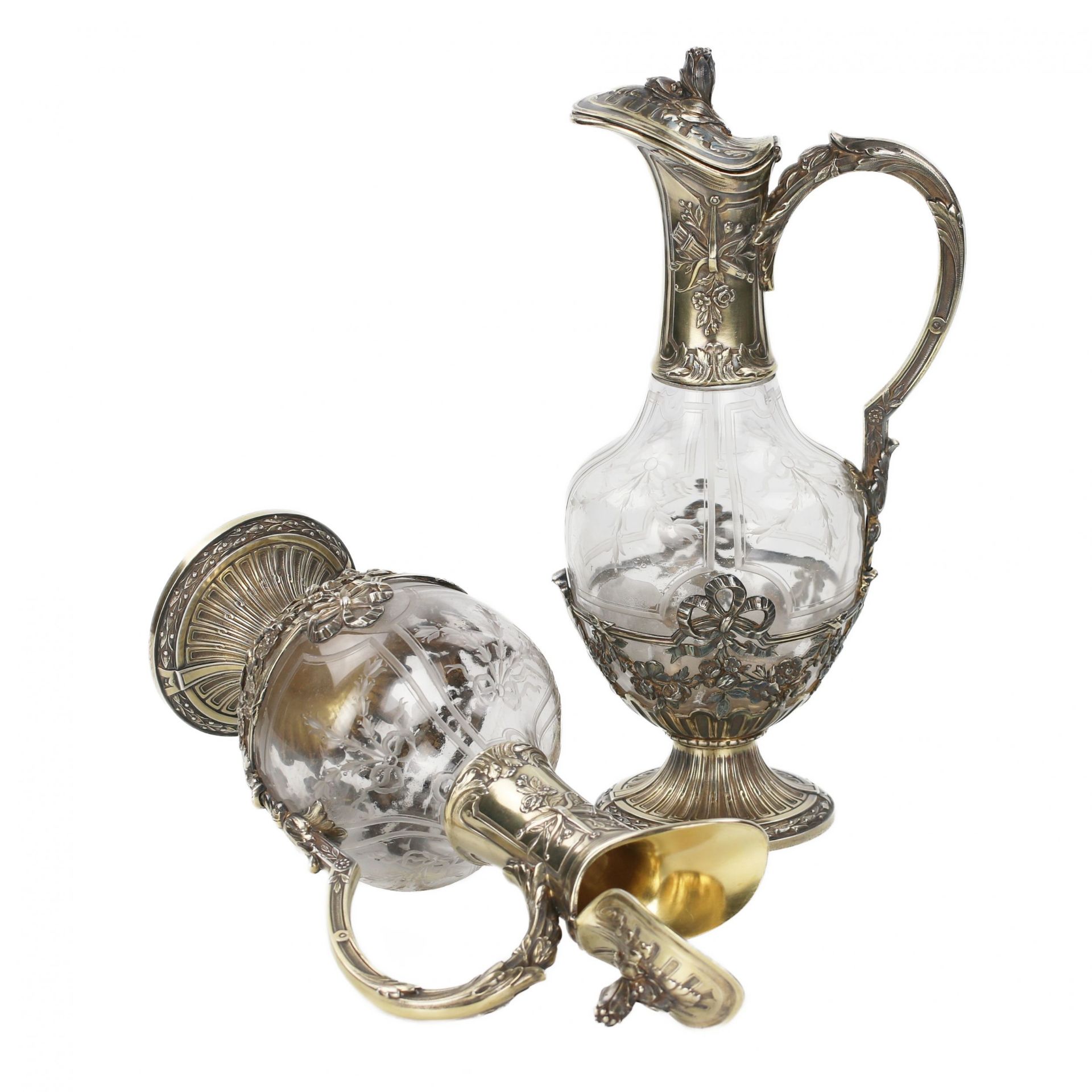 Pair of French glass wine jugs in silver from the late 19th century. - Bild 6 aus 9