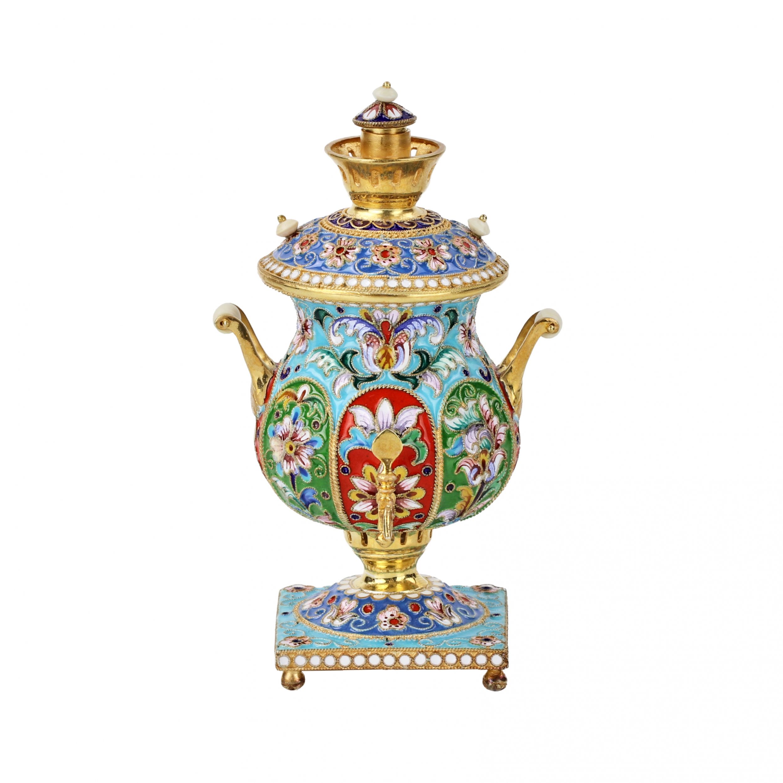 Silver, gilded, with painted enamels samovar. - Image 2 of 8