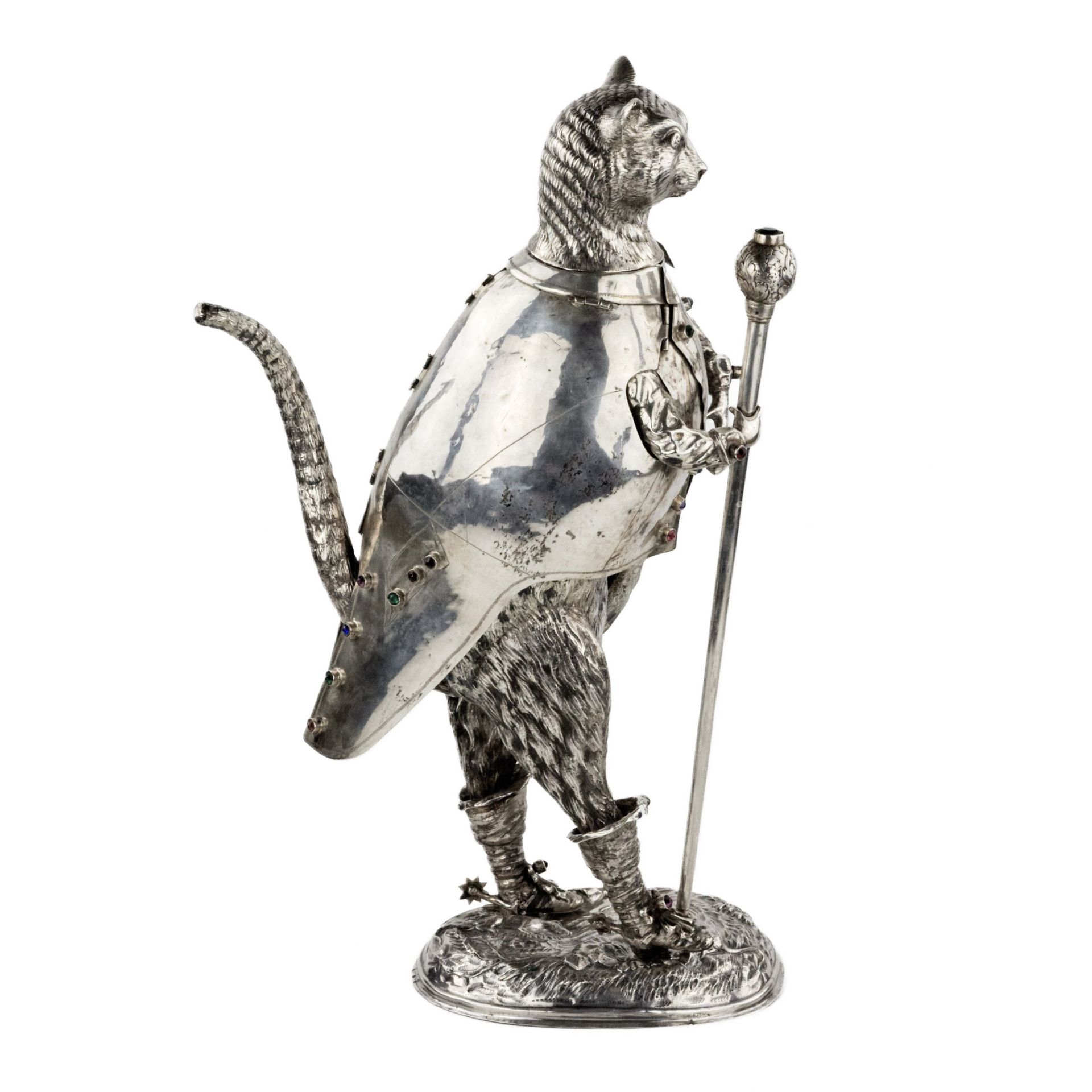 Catchy and ironic silver figure Cat in Boots. Gunther Grungessel. Hannau. 1883 - Image 5 of 11