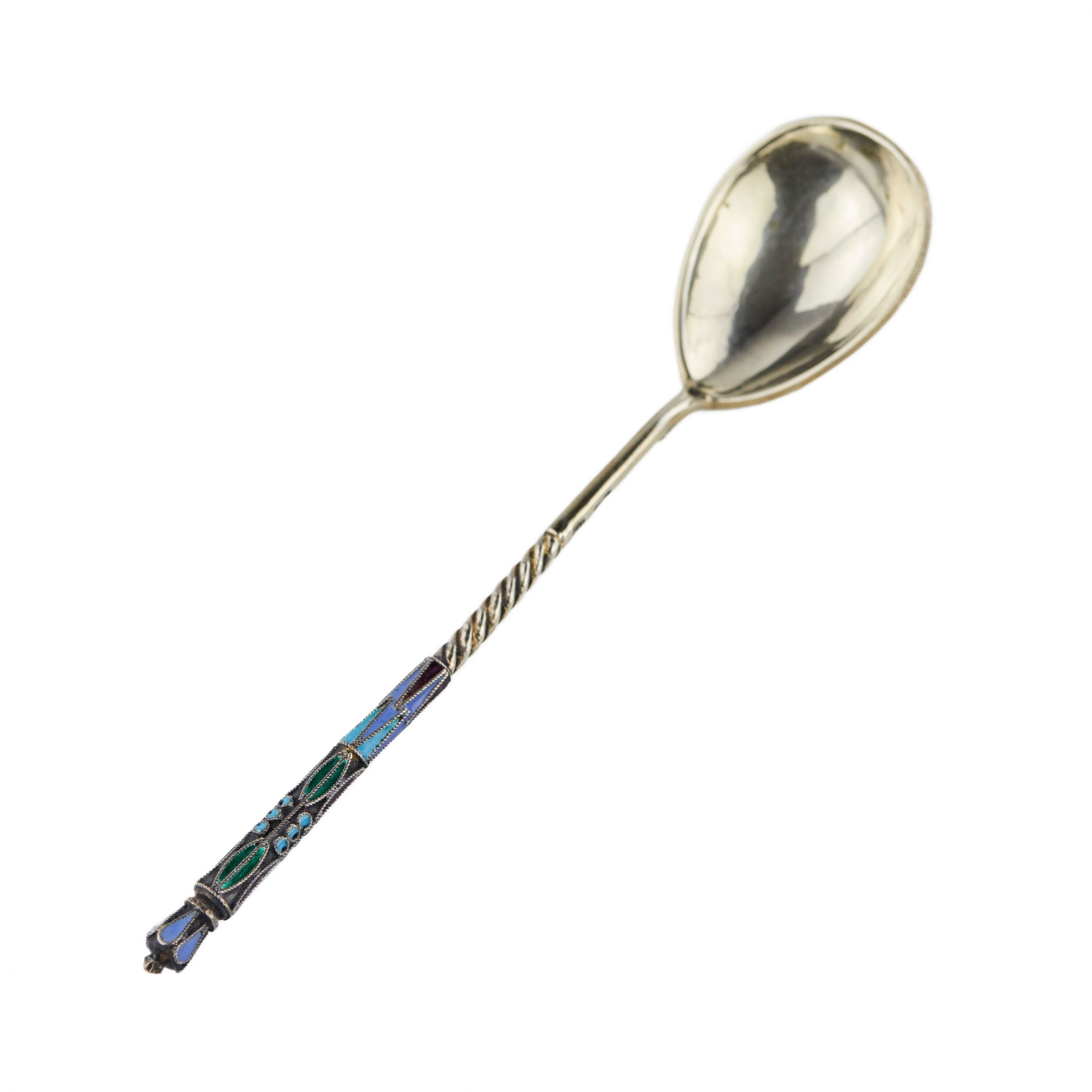 Silver glass holder with a spoon decorated with cloisonne enamel. Moscow 1908-1917. - Image 11 of 12