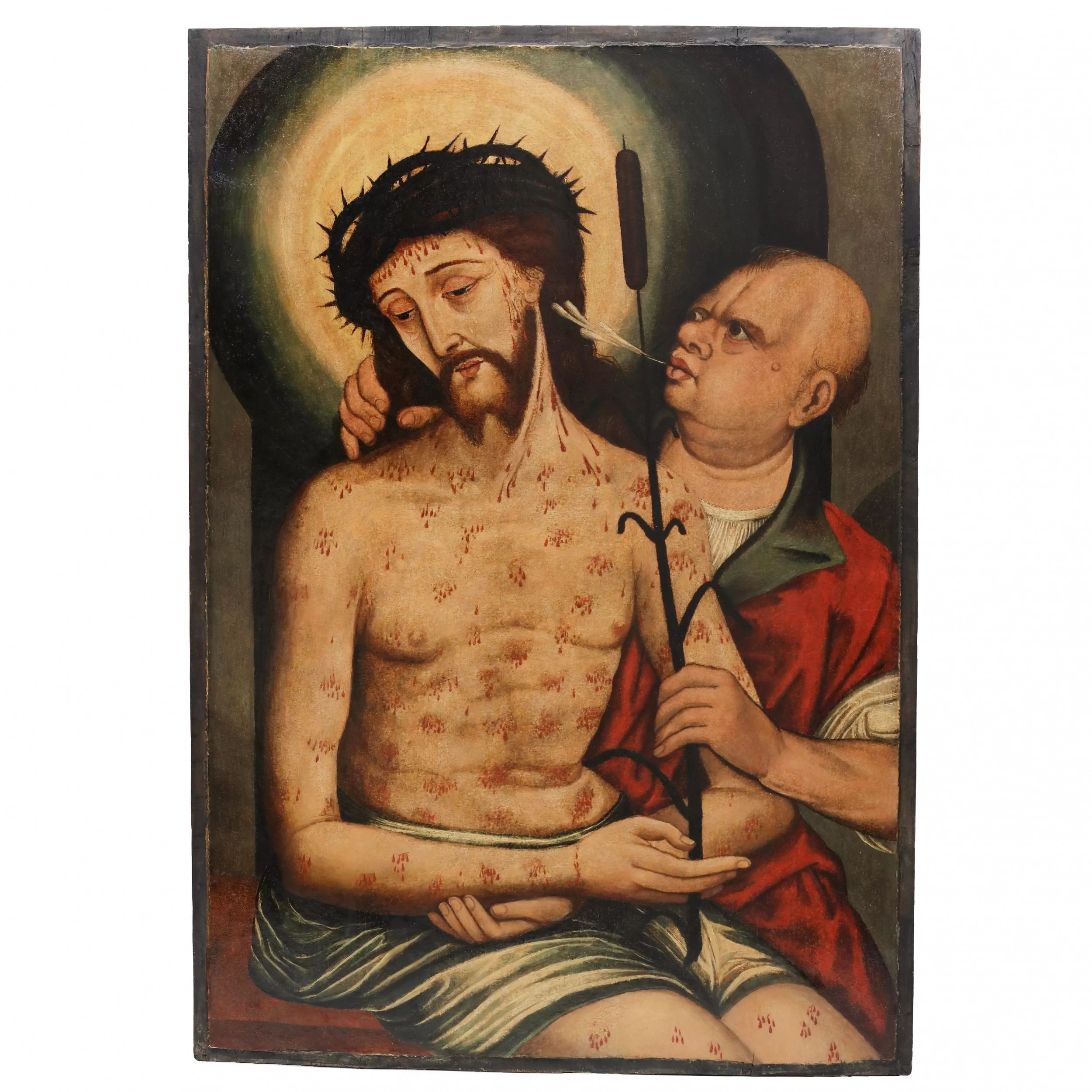 A chopped altar panel with a scene of the Laying of the Crown of Thorns. Ecce Homo, Castilian School