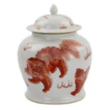 Chinese Porcelain Vase, painted ''iron red'' overglaze dog Fo. Possibly Kangxi period.