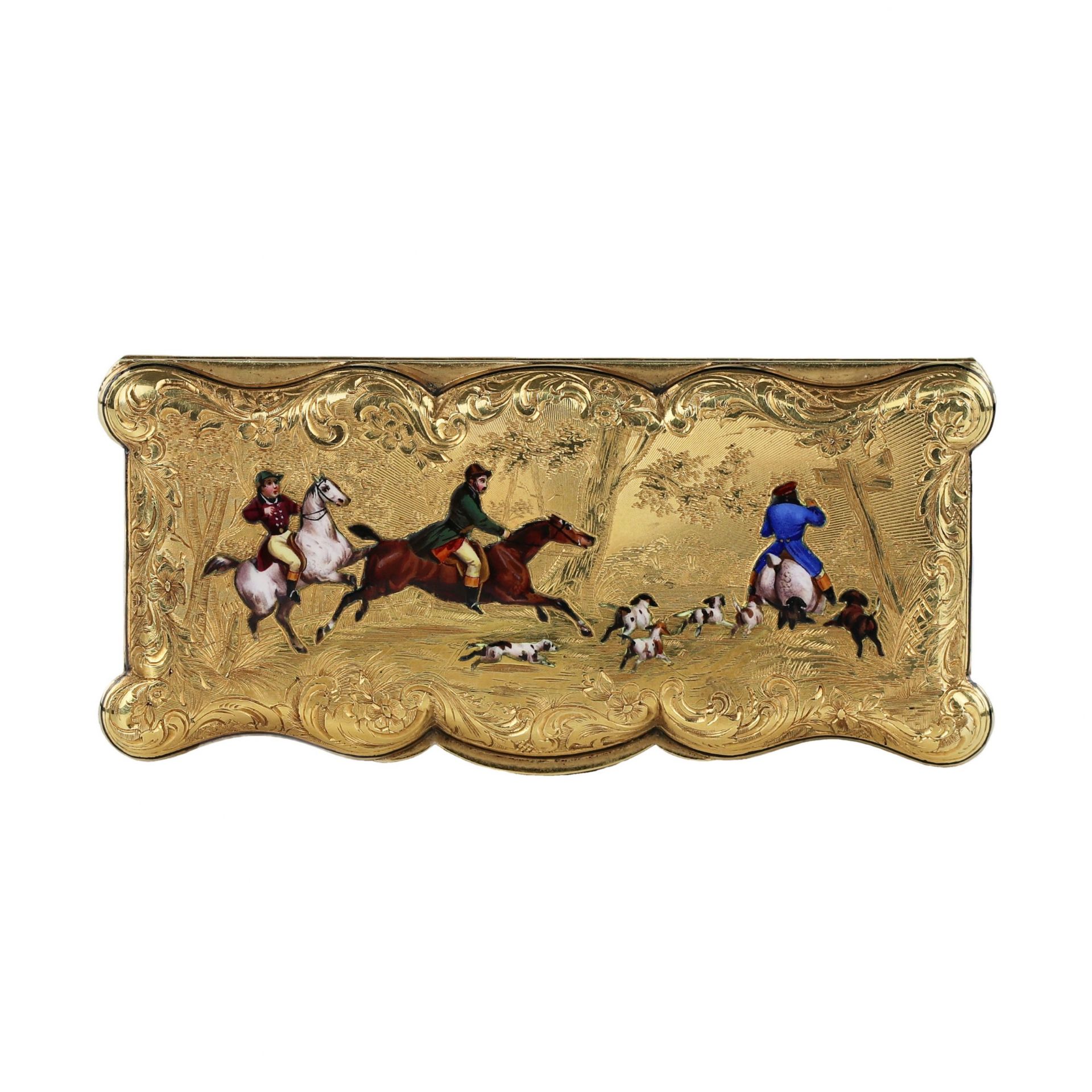 18K gold enameled snuffbox with scenes of equestrian hunting. French work of the 19th century. - Bild 4 aus 10