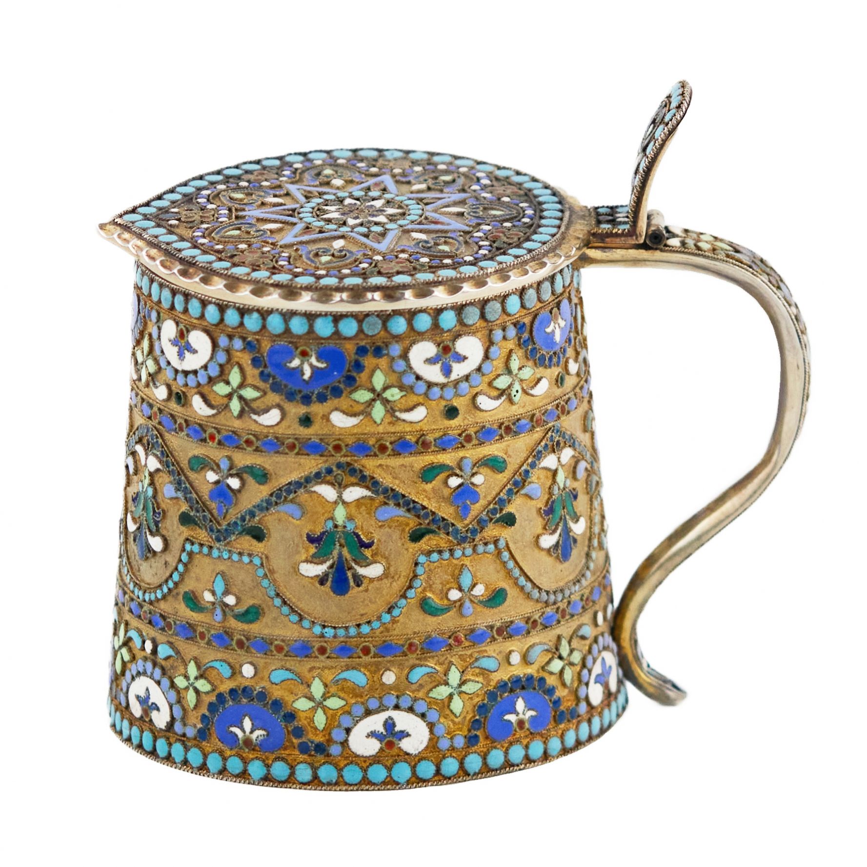 Russian, silver cloisonne enamel mug in neo-Russian style. 20th century.