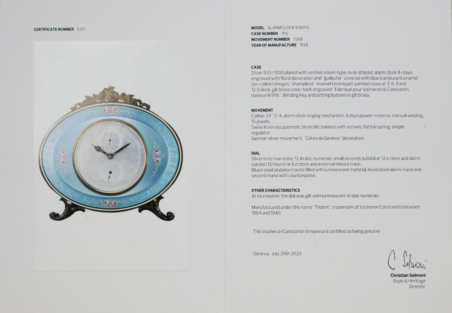 Silver alarm clock, Vacheron Constantin, with guilloche enamel. Switzerland, 1928. - Bild 13 aus 13
