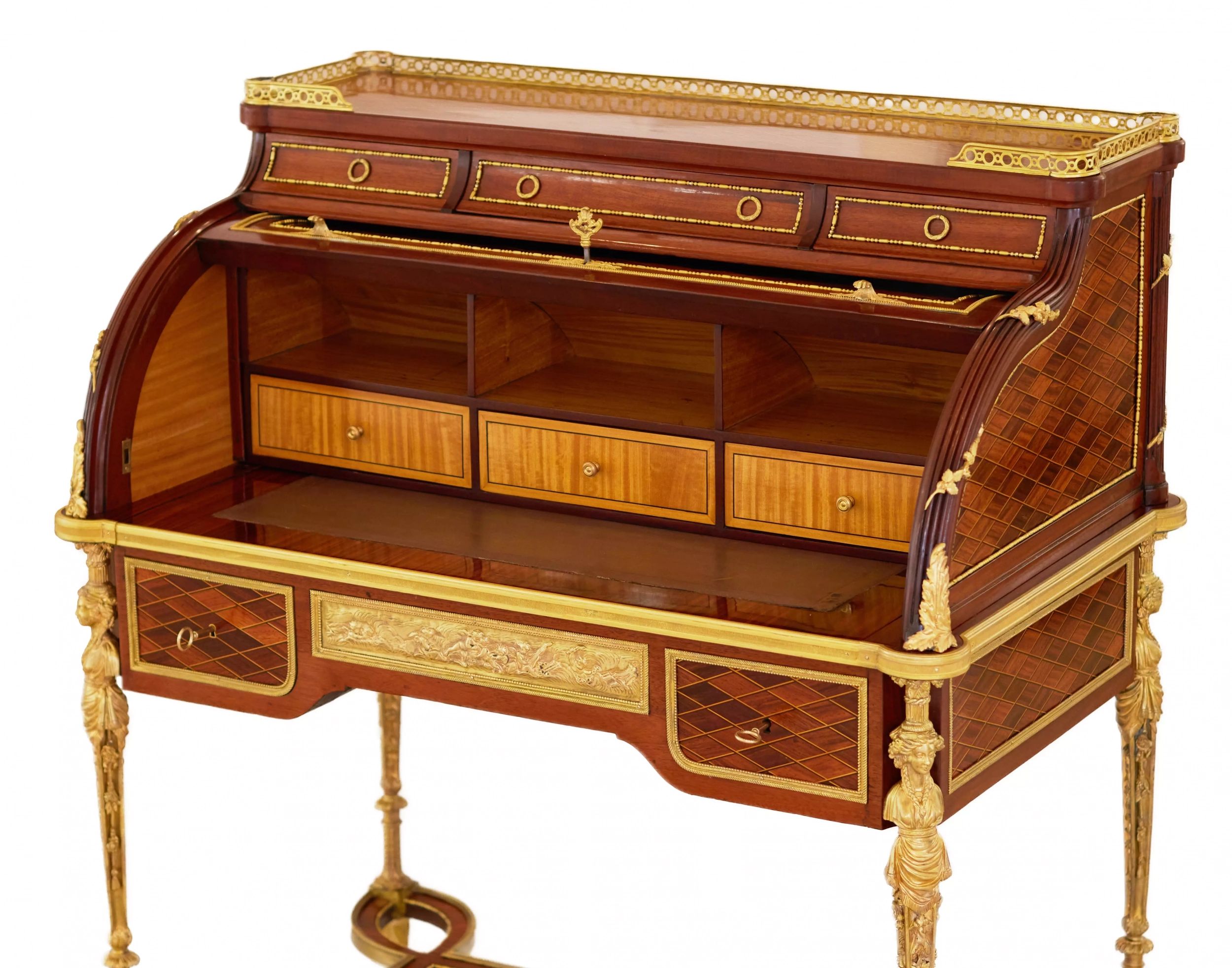 E.KAHN. A magnificent cylindrical bureau in mahogany and satin wood with gilt bronze. - Image 5 of 14