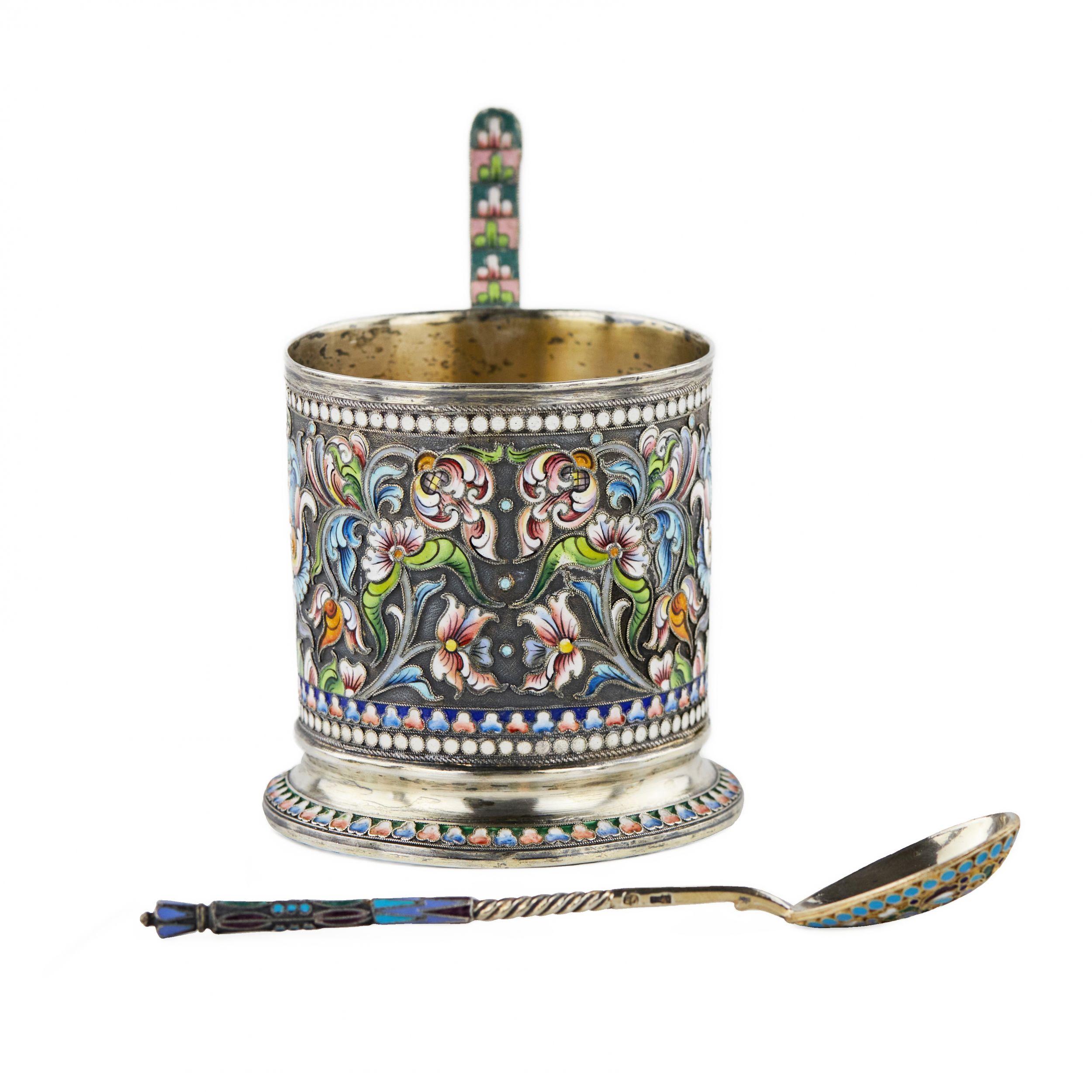 Silver glass holder with a spoon decorated with cloisonne enamel. Moscow 1908-1917. - Image 6 of 12
