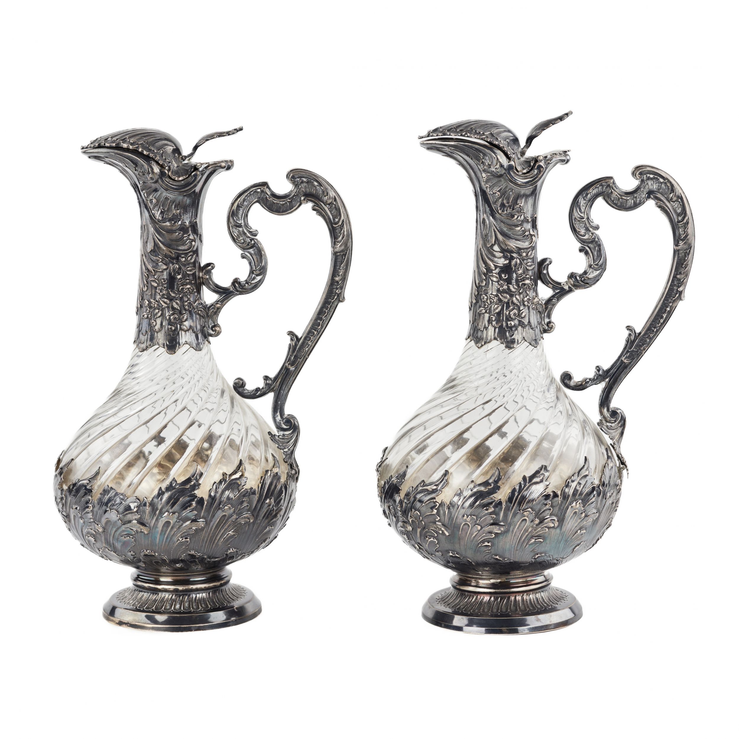 Frangiere & Laroche. Pair of French wine jugs. Glass in silver. 1880s. - Image 2 of 9