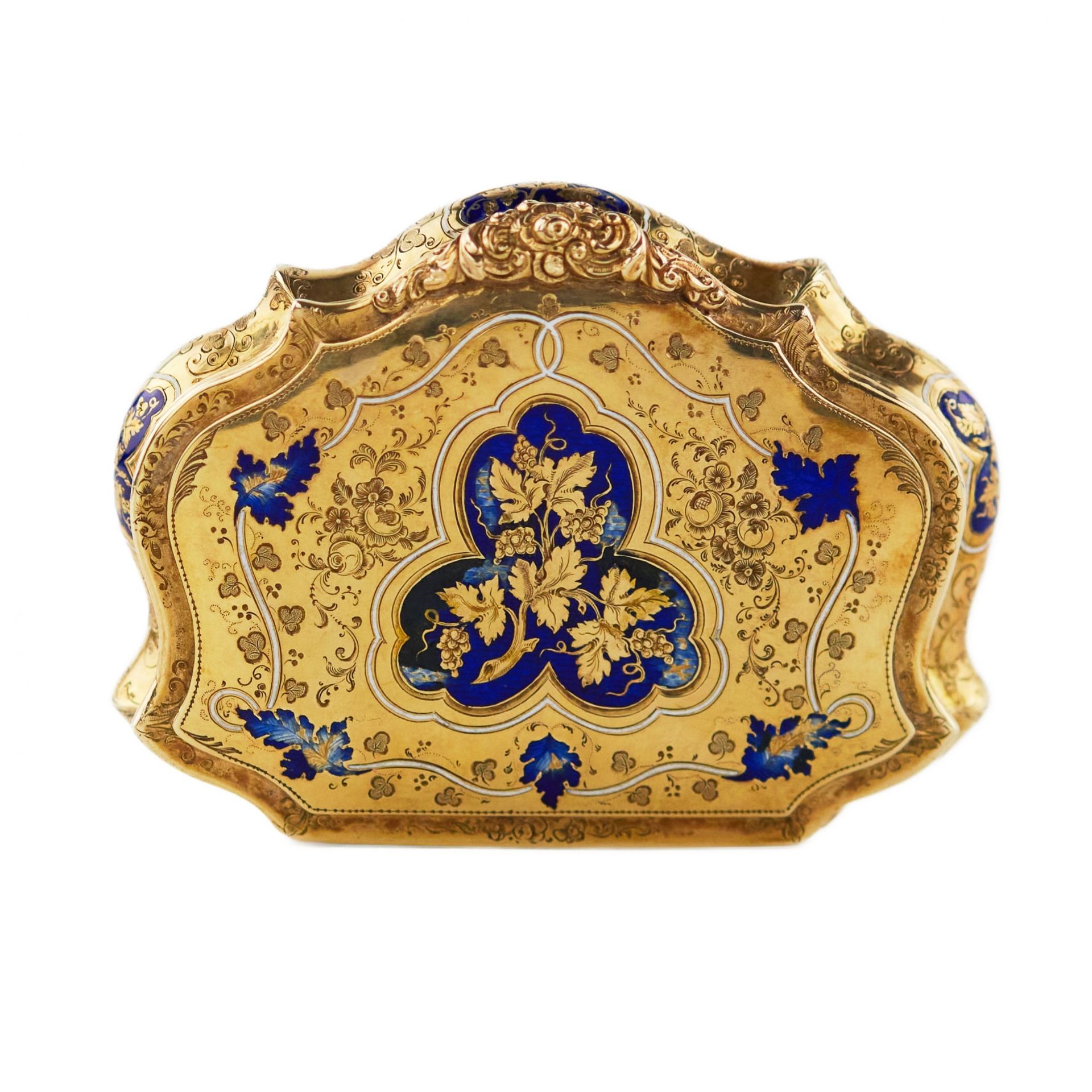 Gold snuff box with engraved ornament and blue enamel. 20th century. - Bild 5 aus 10